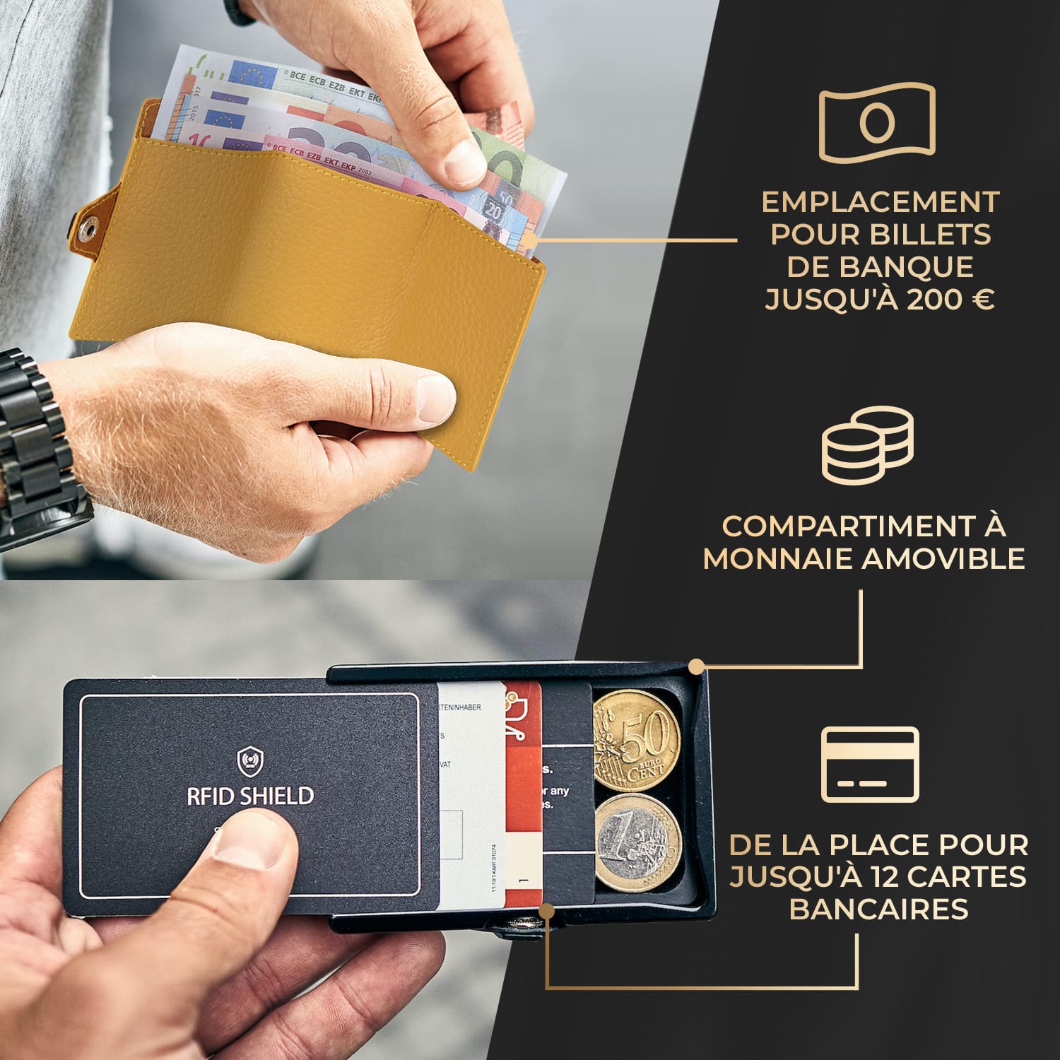 ZNAP Slim Wallet 12 Cartes pochette à monnaie 8,9 x 1,8 x 6,3 cm (LxHxP)  Protection RFID à grain | Miel Doré
