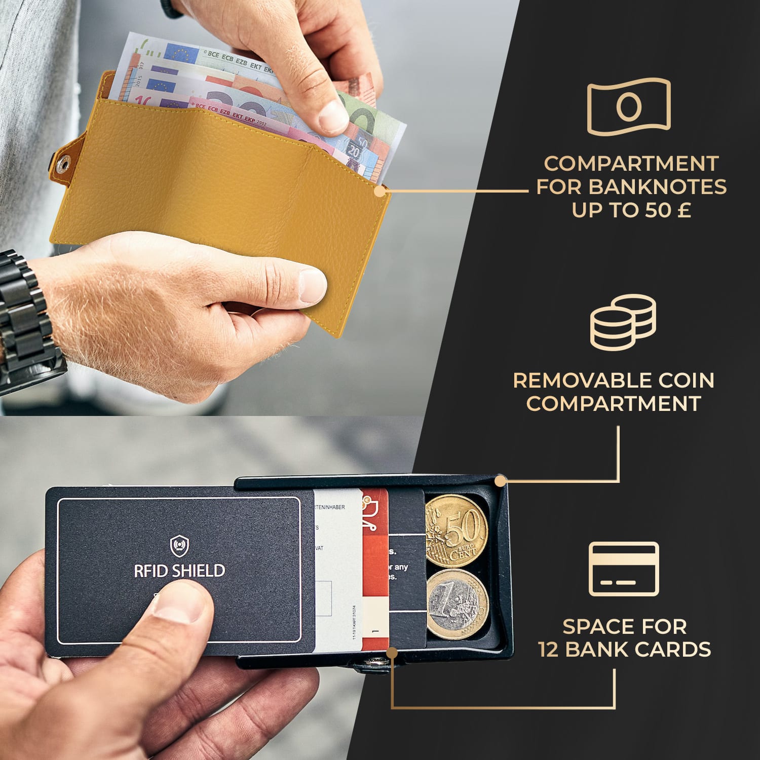 ZNAP, płaski portfel na 12 kart, kieszonka na monety, 8,9 x 1,8 x 6,3 cm (szer x wys. x gł.), ochrona RFID ziarnisty | Miodowe Złoto