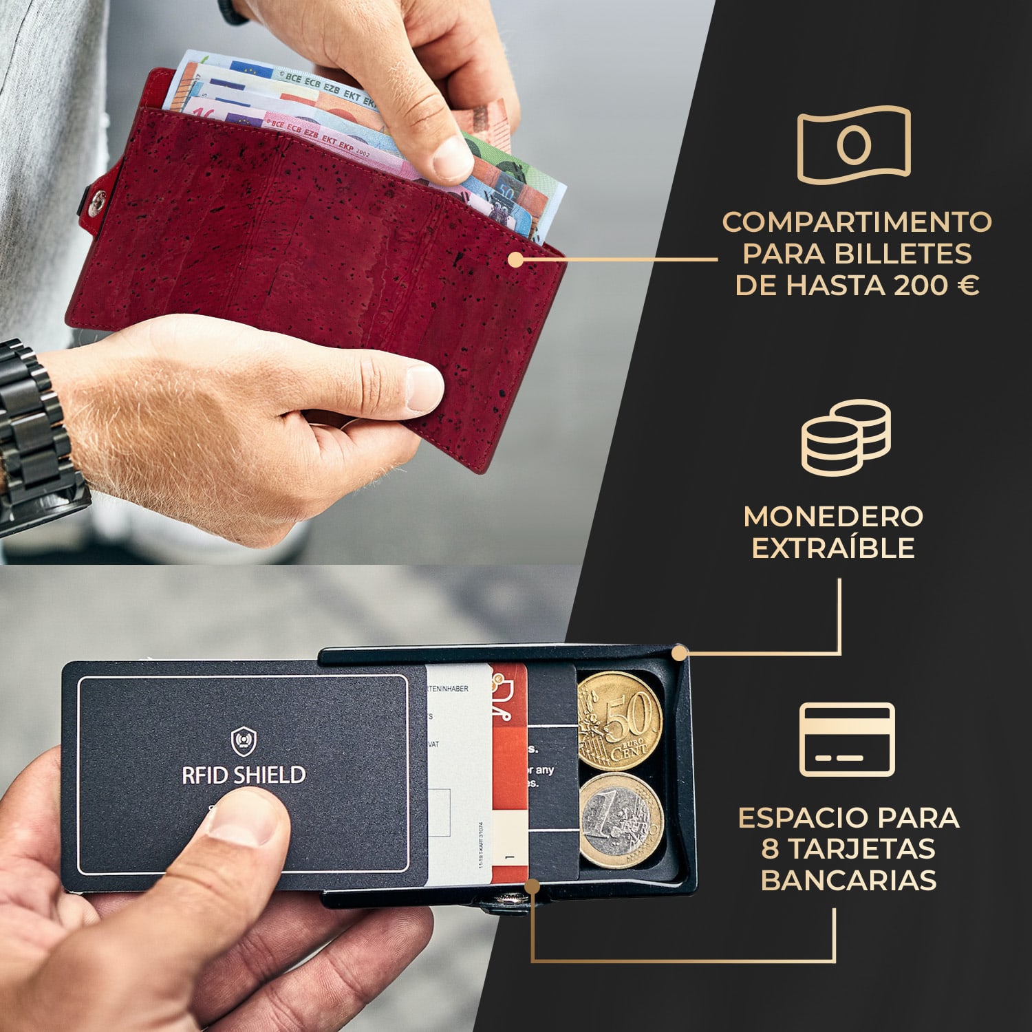 ZNAP Slim Wallet 8 billetera delgada 8 tarjetas y compartimento para monedas 8,9 x 1,5 x 6,3 cm (ancho x grueso x largo) Protección RFID Estructura de corcho | Rojo