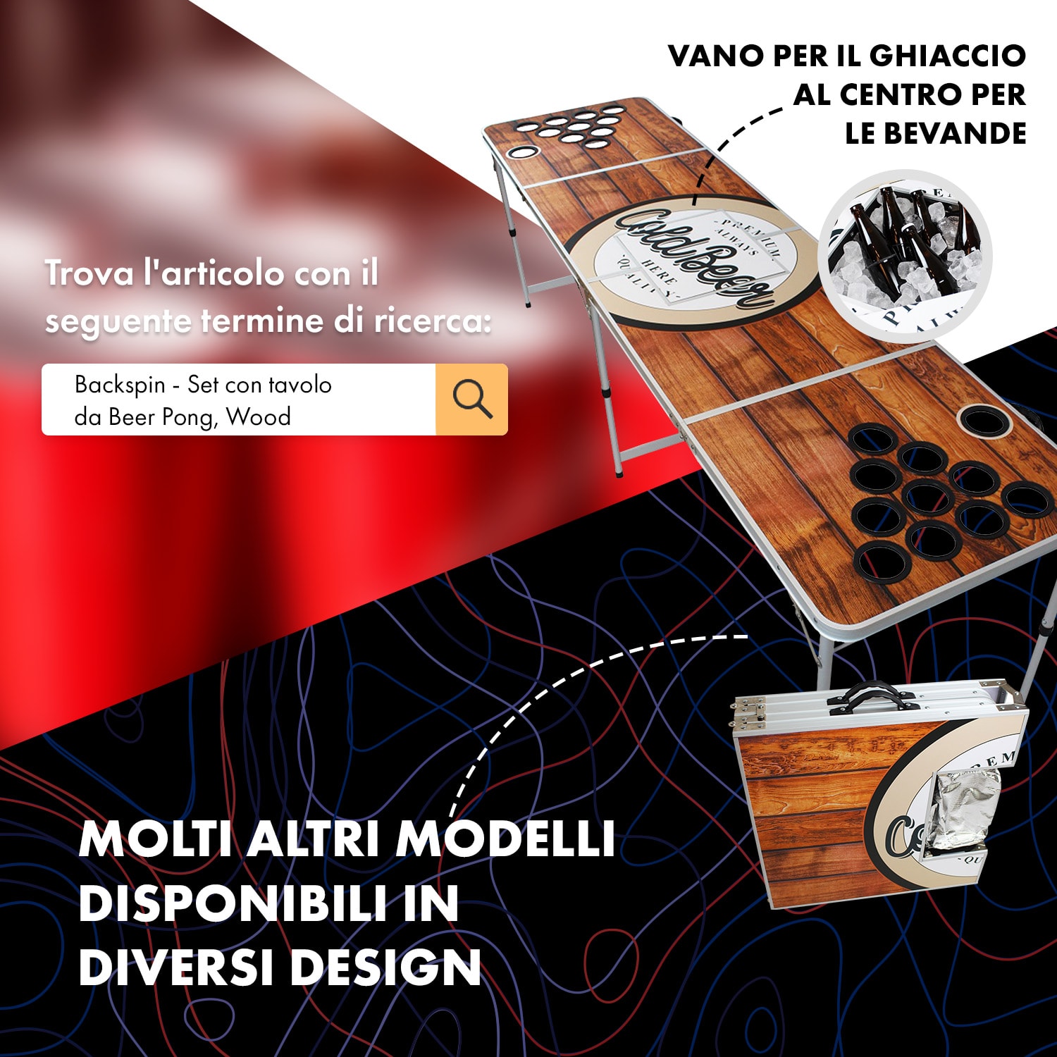 Baseliner Set con tavolo da Beer Pong Audio, impugnature per il trasporto, portapalline con 6 palline 