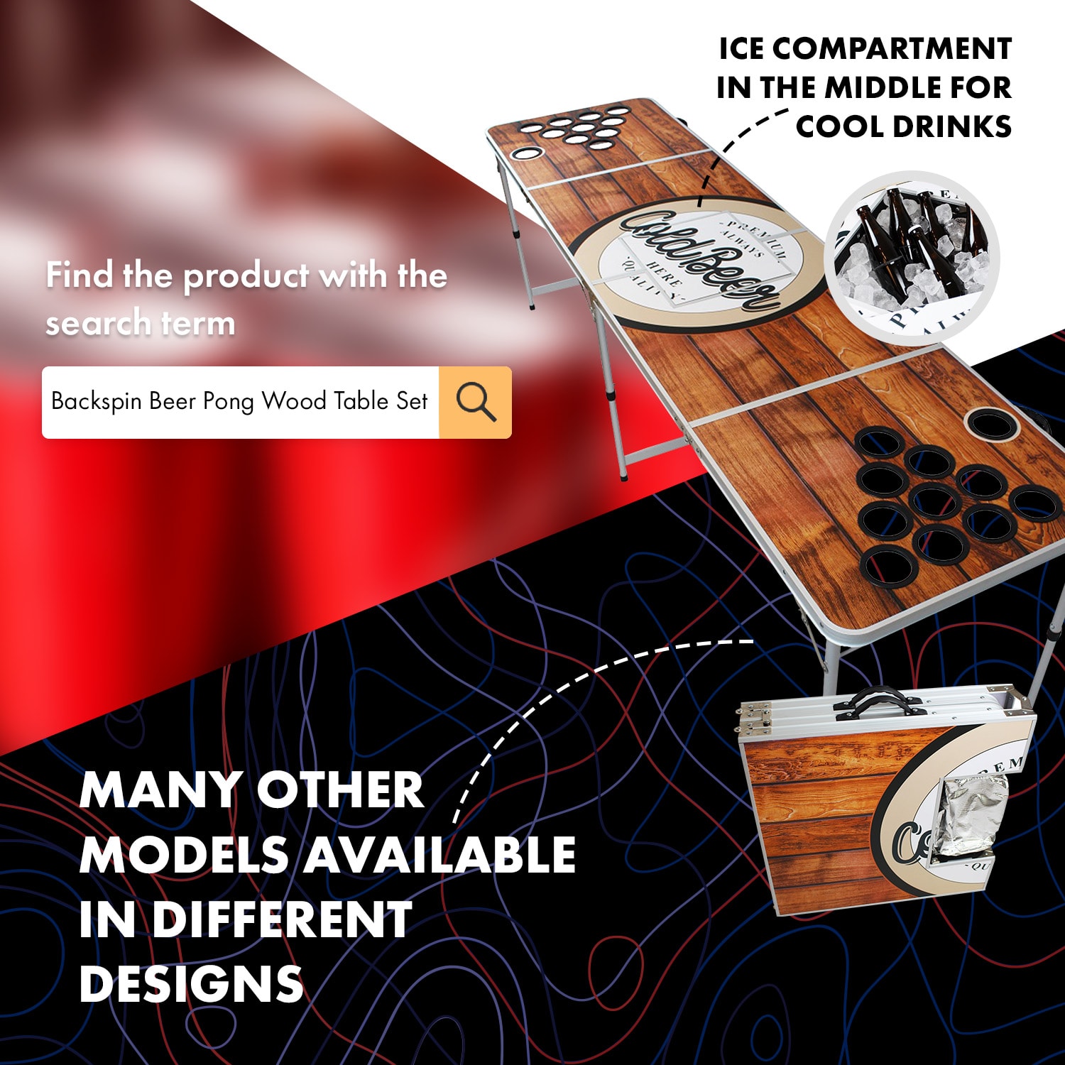 Baseliner, súprava so stolom na beer pong, audio, držadlá, držiak na loptičky, 6 loptičiek Game Tabuľka - PLUS