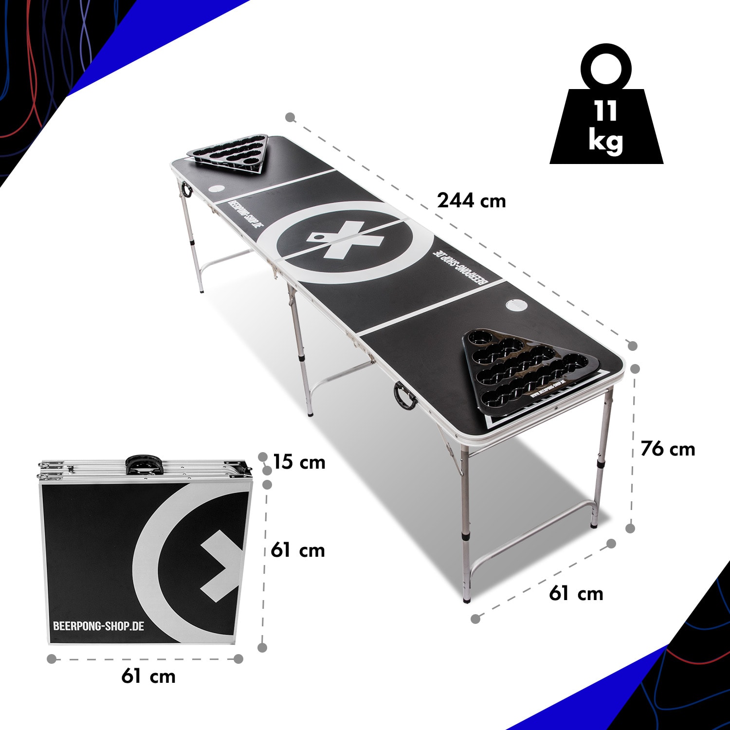 Baseliner Set de mesa de Beer Pong audio asas soporte para pelotas 6 pelotas 