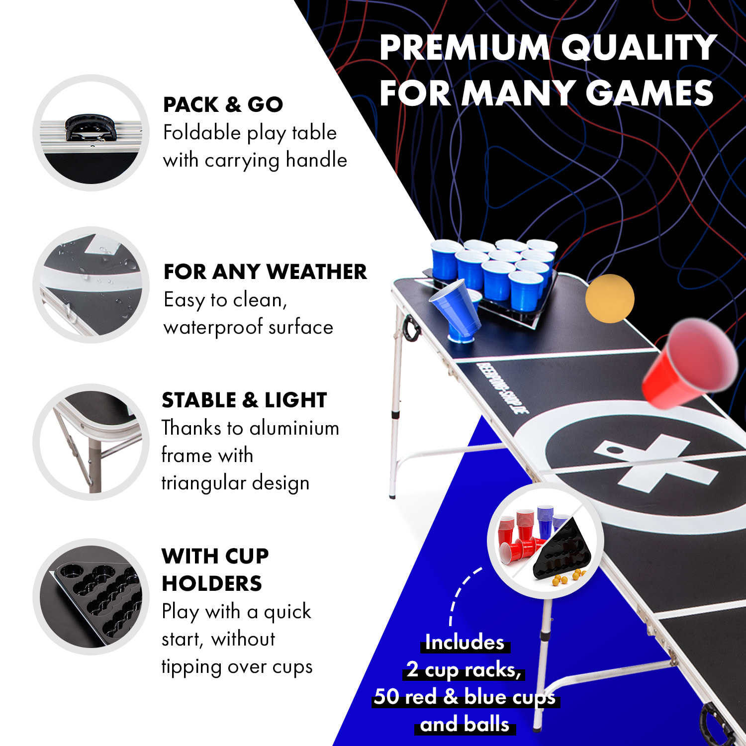 Baseliner, set de masă pentru beer pong, audio, suporturi, suport pentru biluțe, 6 biluțe Tabelul de joc și cană (roșu / albastru)