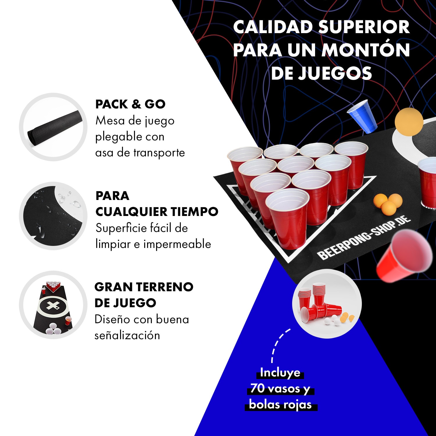Baseliner Set de alfombra de Beer Pong audio asas soporte con 6 pelotas 
