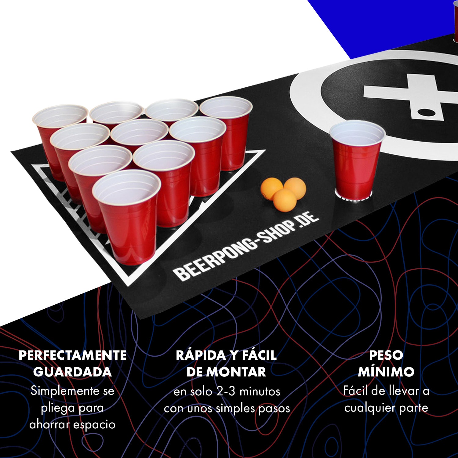 Baseliner Set de alfombra de Beer Pong audio asas soporte con 6 pelotas 