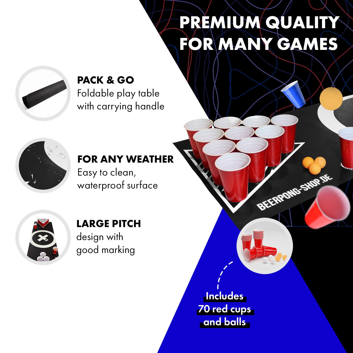 Baseliner, podložka s hernou plochou na beer pong, audio, držadlá, držiak na loptičky, 6 loptičiek 