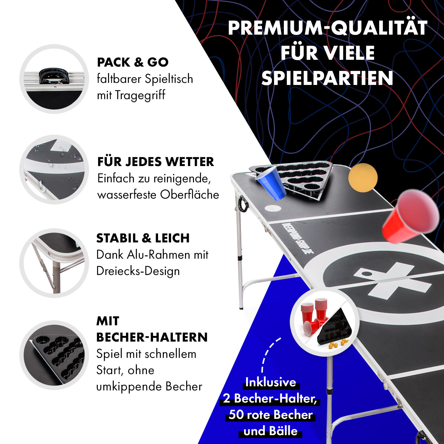 Baseliner Beer Pong Tisch Set Audio Tragegriffe Ballhalter 6 Bälle 