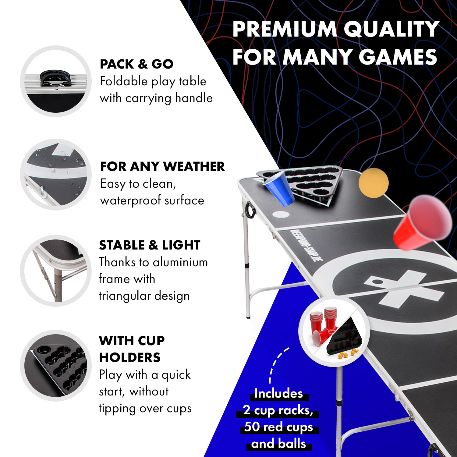 Baseliner, súprava so stolom na beer pong, audio, držadlá, držiak na loptičky, 6 loptičiek Play Tabuľka a hrnček