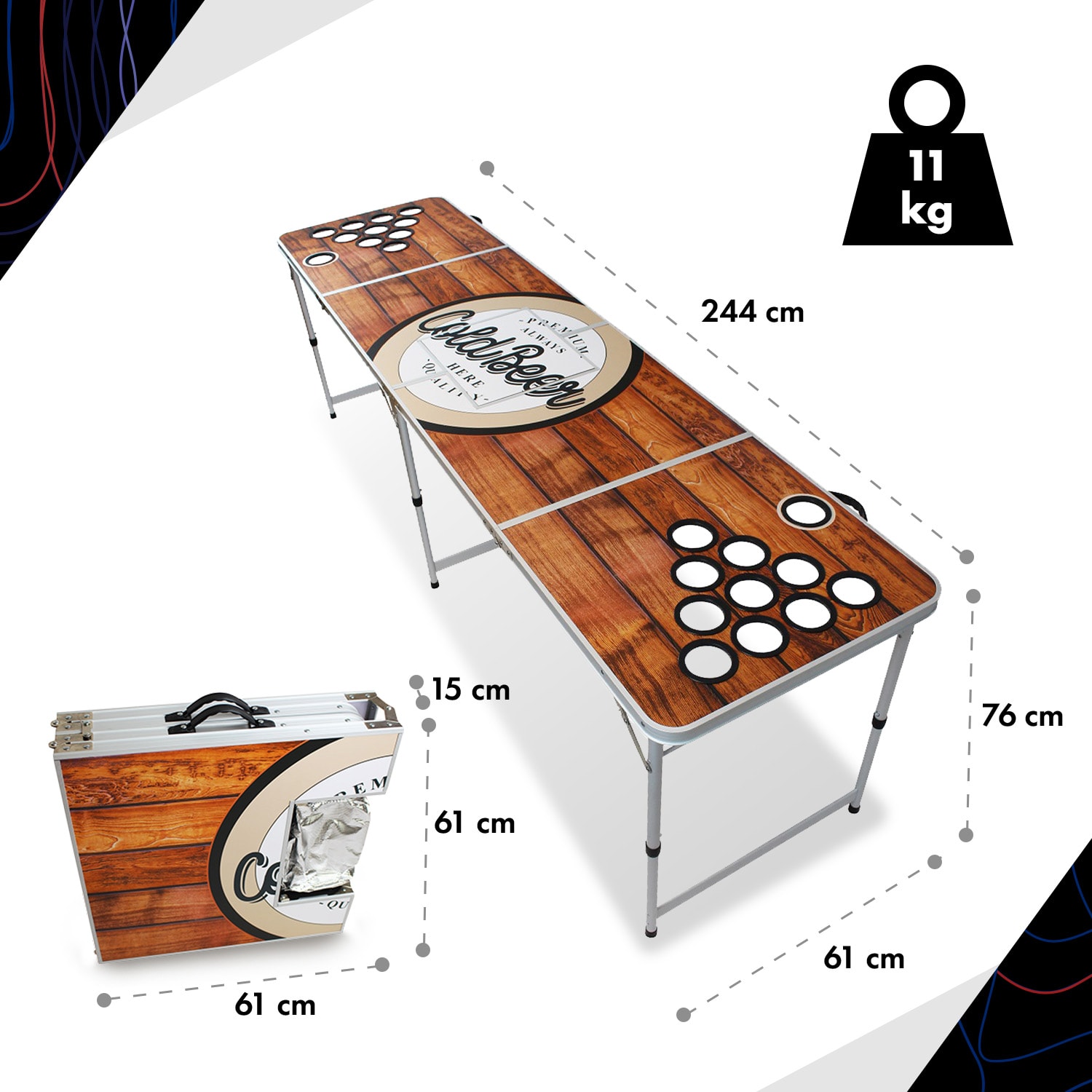 Backspin - Set con tavolo da Beer Pong, Wood, vano per il ghiaccio, 6 palline Tavolo da gioco - Plus
