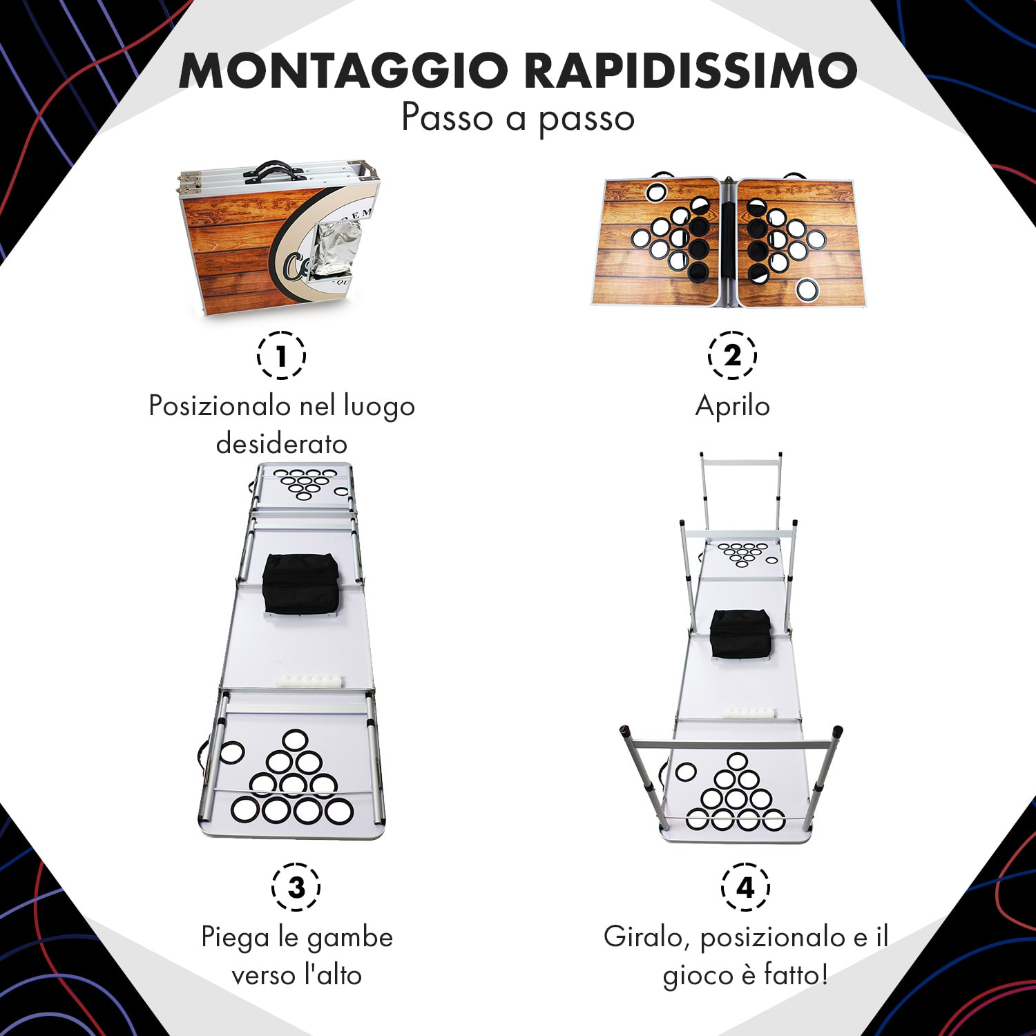 Backspin - Set con tavolo da Beer Pong, Wood, vano per il ghiaccio, 6 palline Tavolo da gioco - Plus