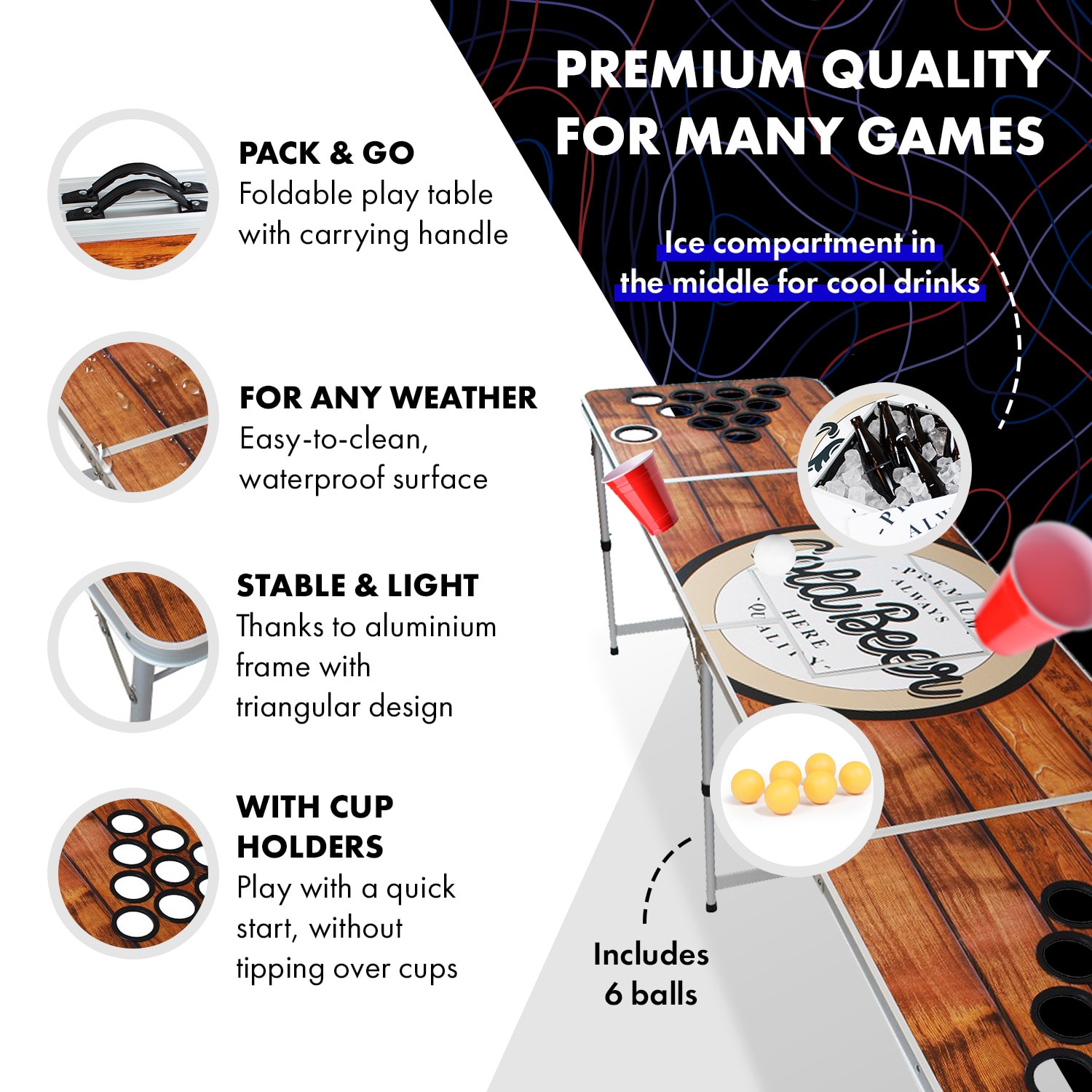 Backspin Beer Pong, stôl, súprava, drevený, priehradka na ľad, 6 loptičiek Game Tabuľka - PLUS