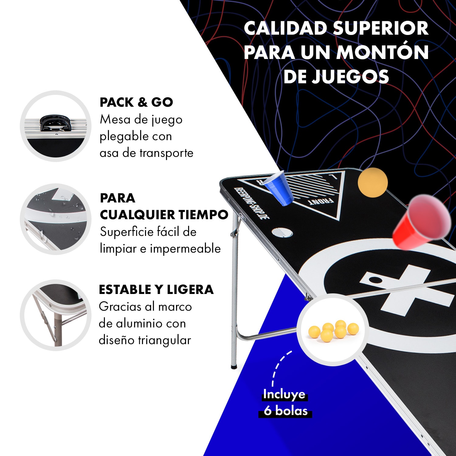 Baseliner Set de mesa de Beer Pong audio asas soporte para pelotas 6 pelotas 
