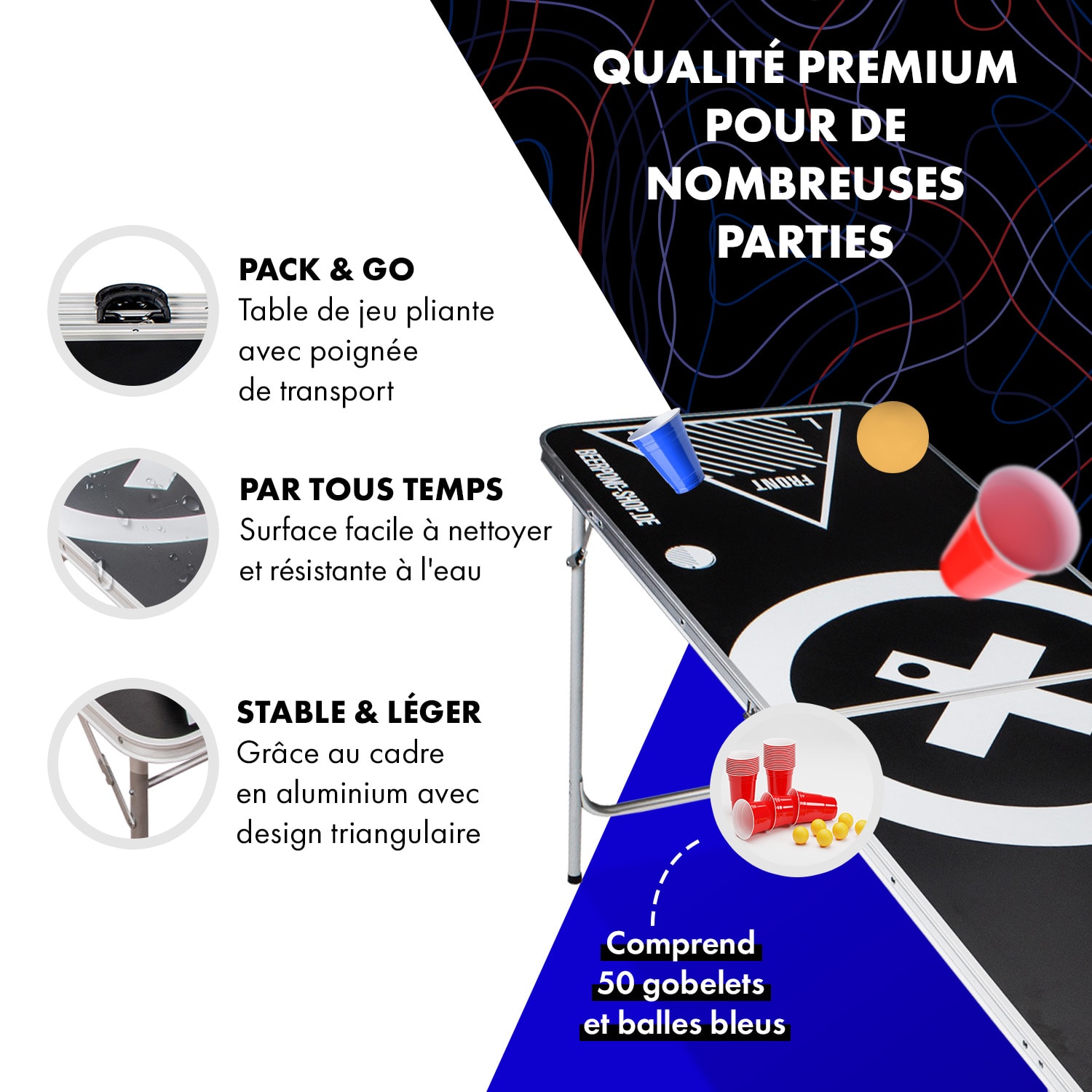 Baseliner Beer Pong tafel set audio handvaten ballenhouder 6 ballen 