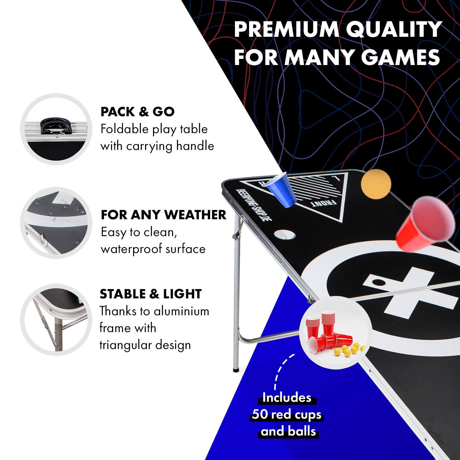 Baseliner, súprava so stolom na beer pong, audio, držadlá, držiak na loptičky, 6 loptičiek Play Tabuľka a hrnček