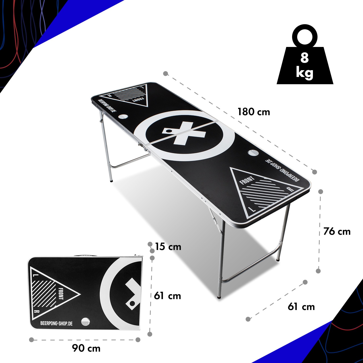 Baseliner, súprava so stolom na beer pong, audio, držadlá, držiak na loptičky, 6 loptičiek Play Tabuľka a hrnček