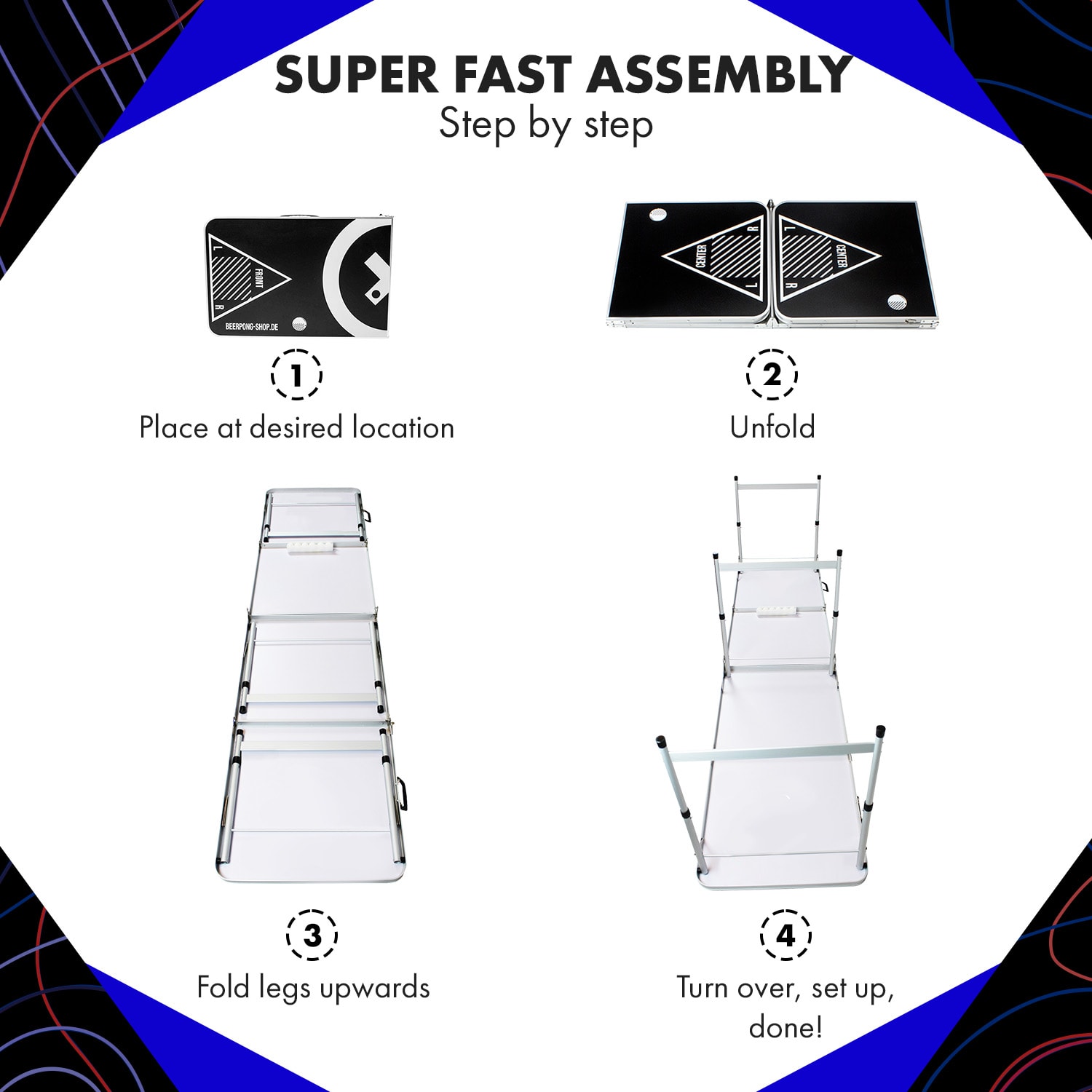 Baseliner, súprava so stolom na beer pong, audio, držadlá, držiak na loptičky, 6 loptičiek Play Tabuľka a hrnček