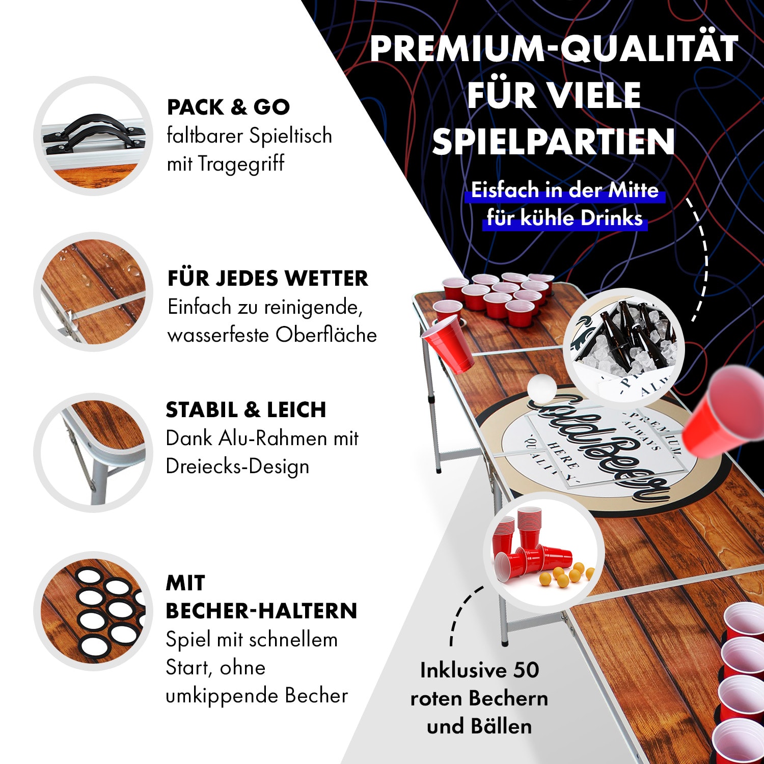 Backspin Beer Pong Tisch Set Wood Eisfach 6 Bälle 50 Cups 