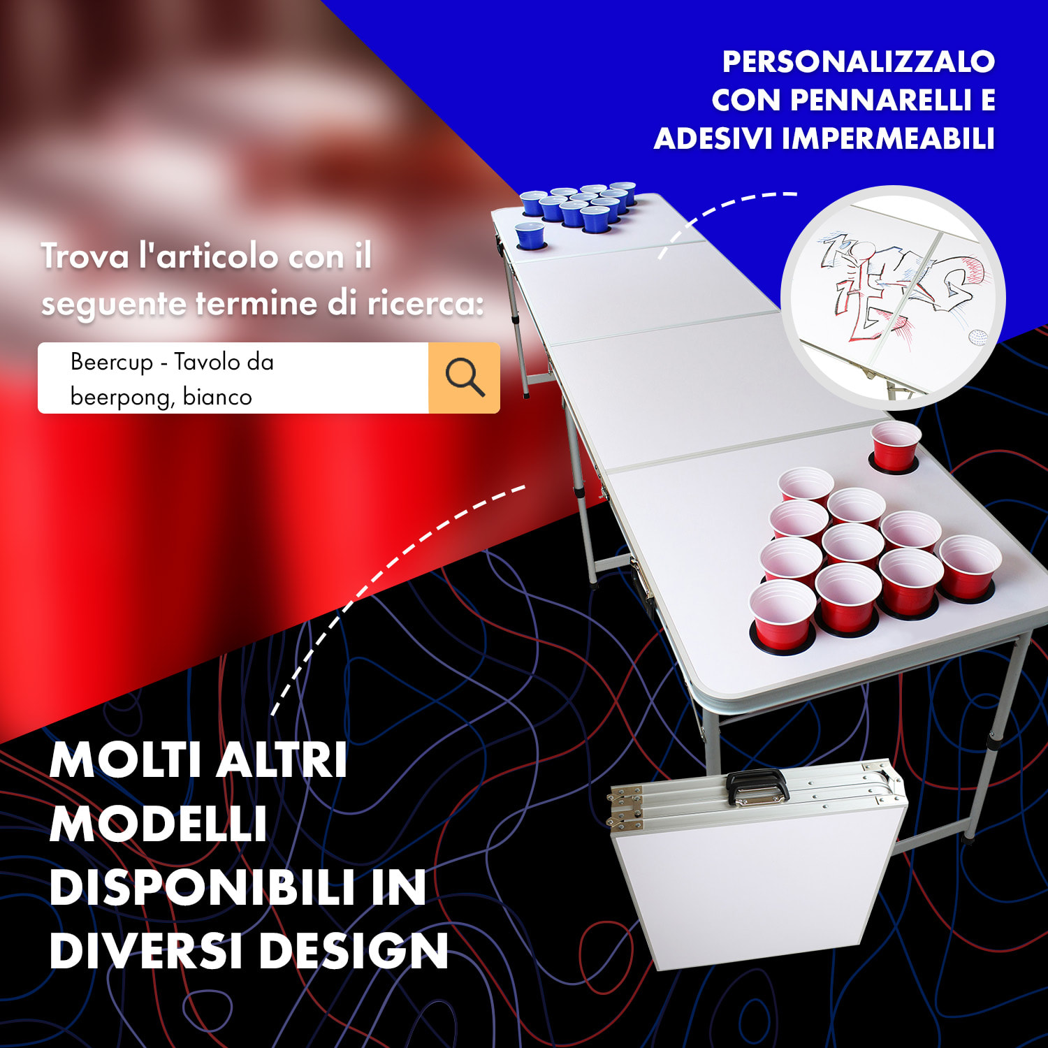 Backspin - Set con tavolo da Beer Pong, Wood, vano per il ghiaccio, 6 palline, 50 bicchieri 