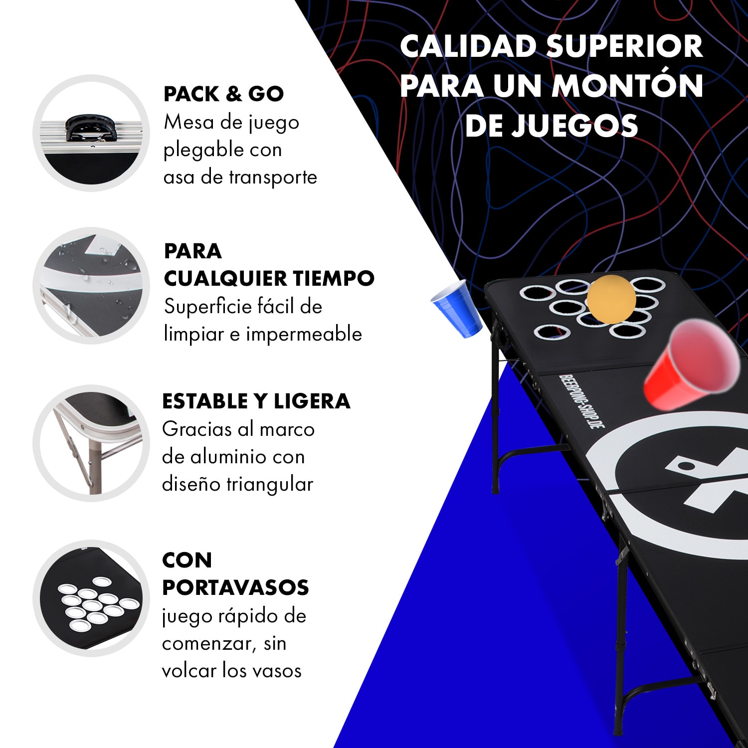Baseliner Set de mesa Beer Pong con audio Cup Hole Black Line asas 6 pelotas 