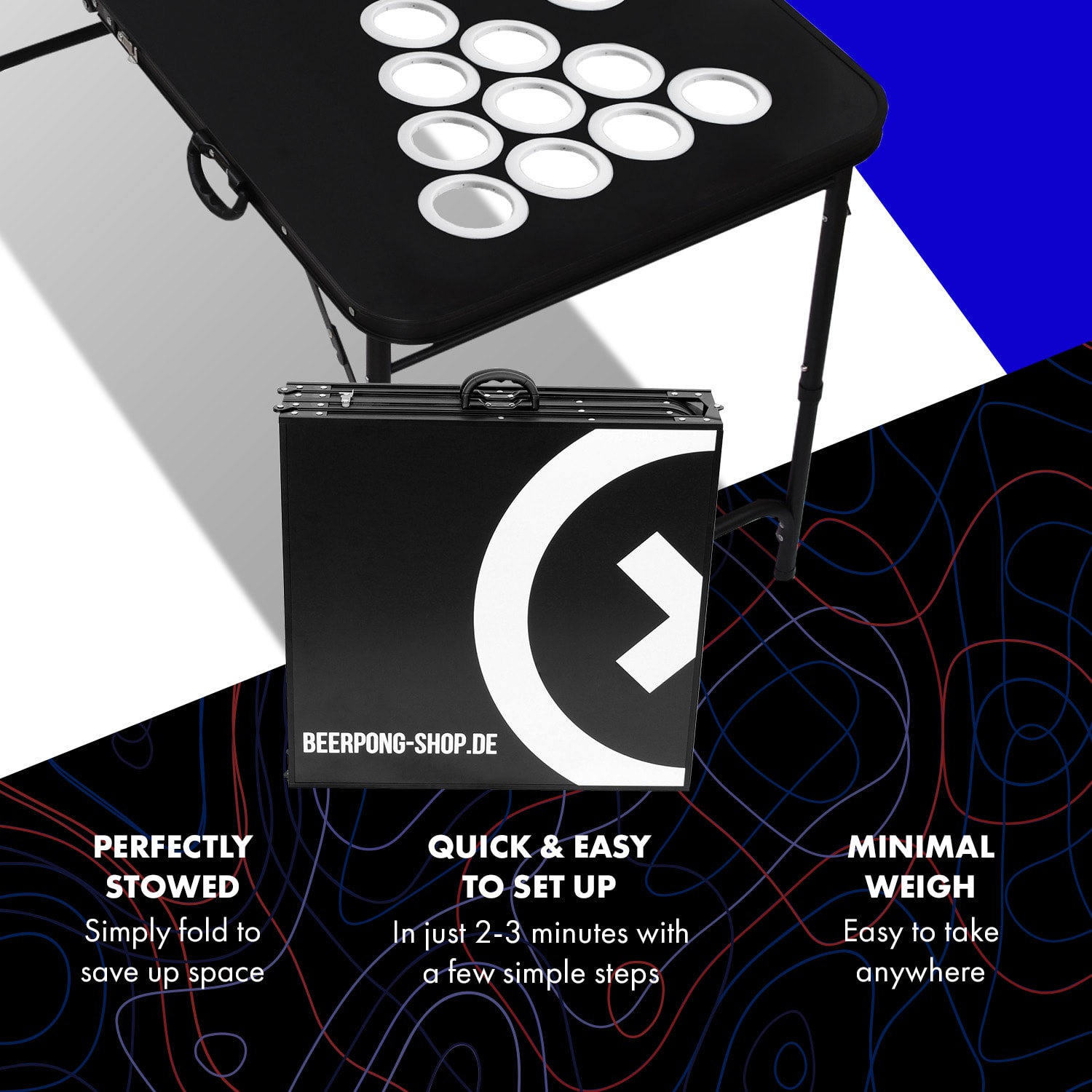 Baseliner, súprava so stolom na beer pong, audio cup hole black line, držadlá, 6 loptičiek Play Tabuľka a hrnček (červená / modrá)