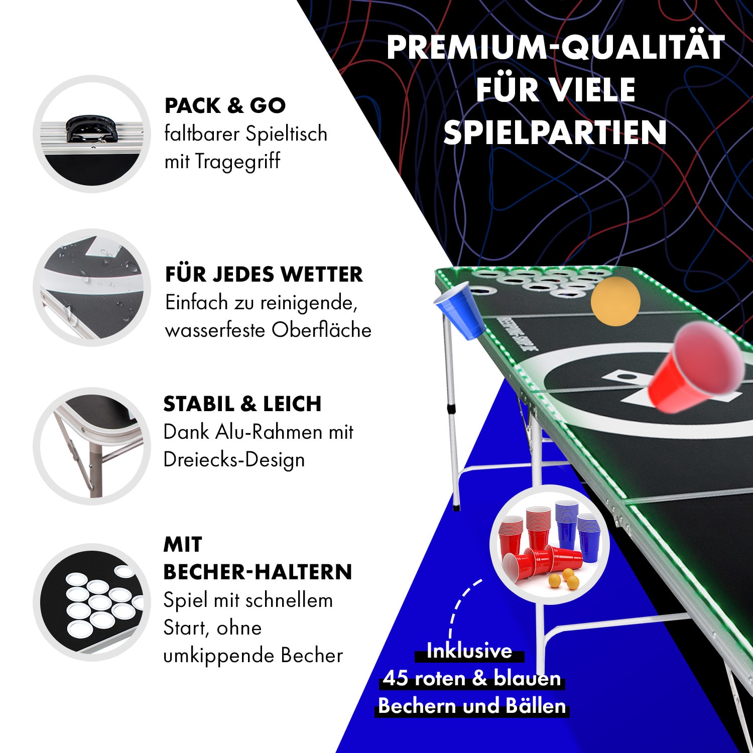 Baseliner Beer Pong Tisch Set Audio LED Tragegriffe Ballhalter 6 Bälle 