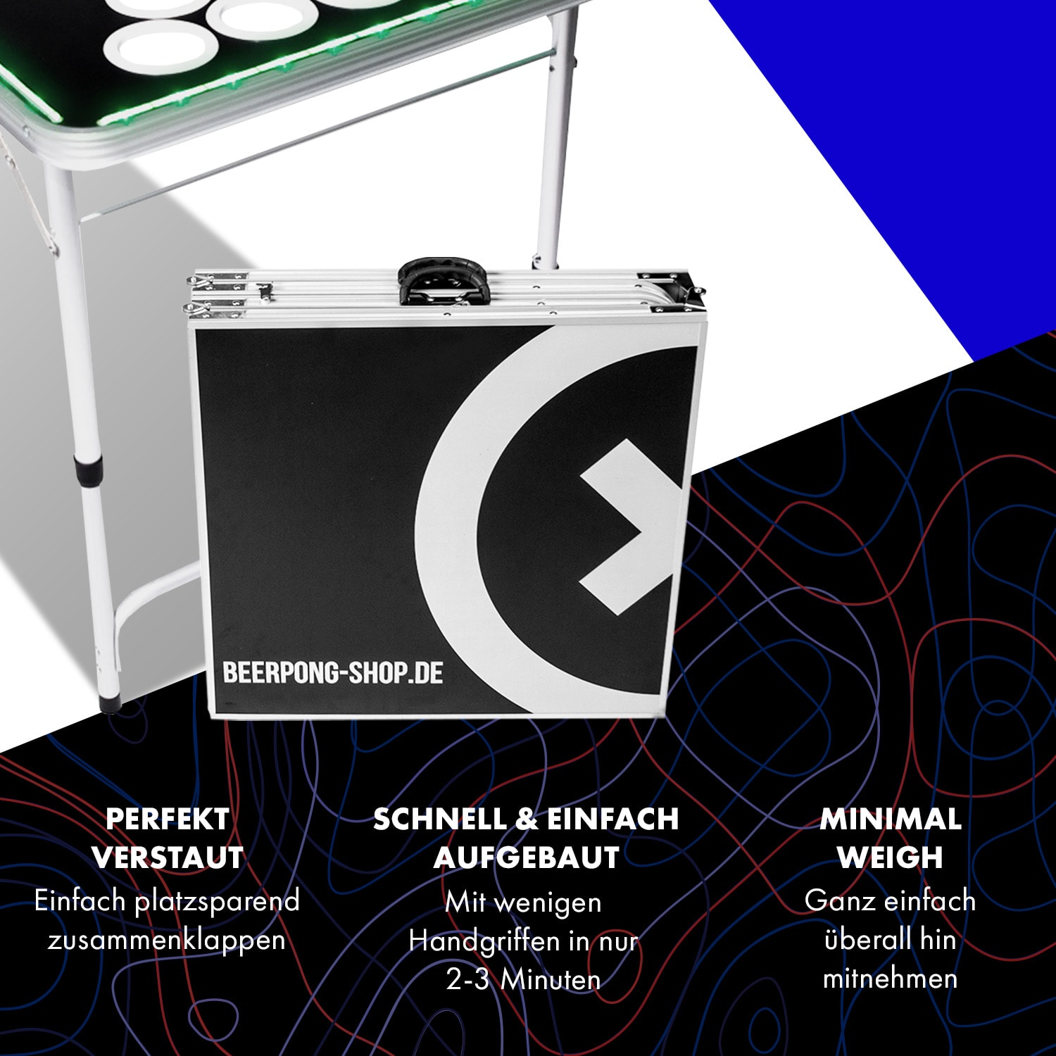 Baseliner Beer Pong Tisch Set Audio LED Tragegriffe Ballhalter 6 Bälle 