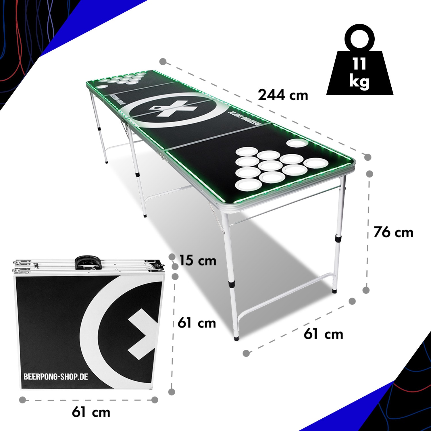 Baseliner Beer Pong Tisch Set Audio LED Tragegriffe Ballhalter 6 Bälle 