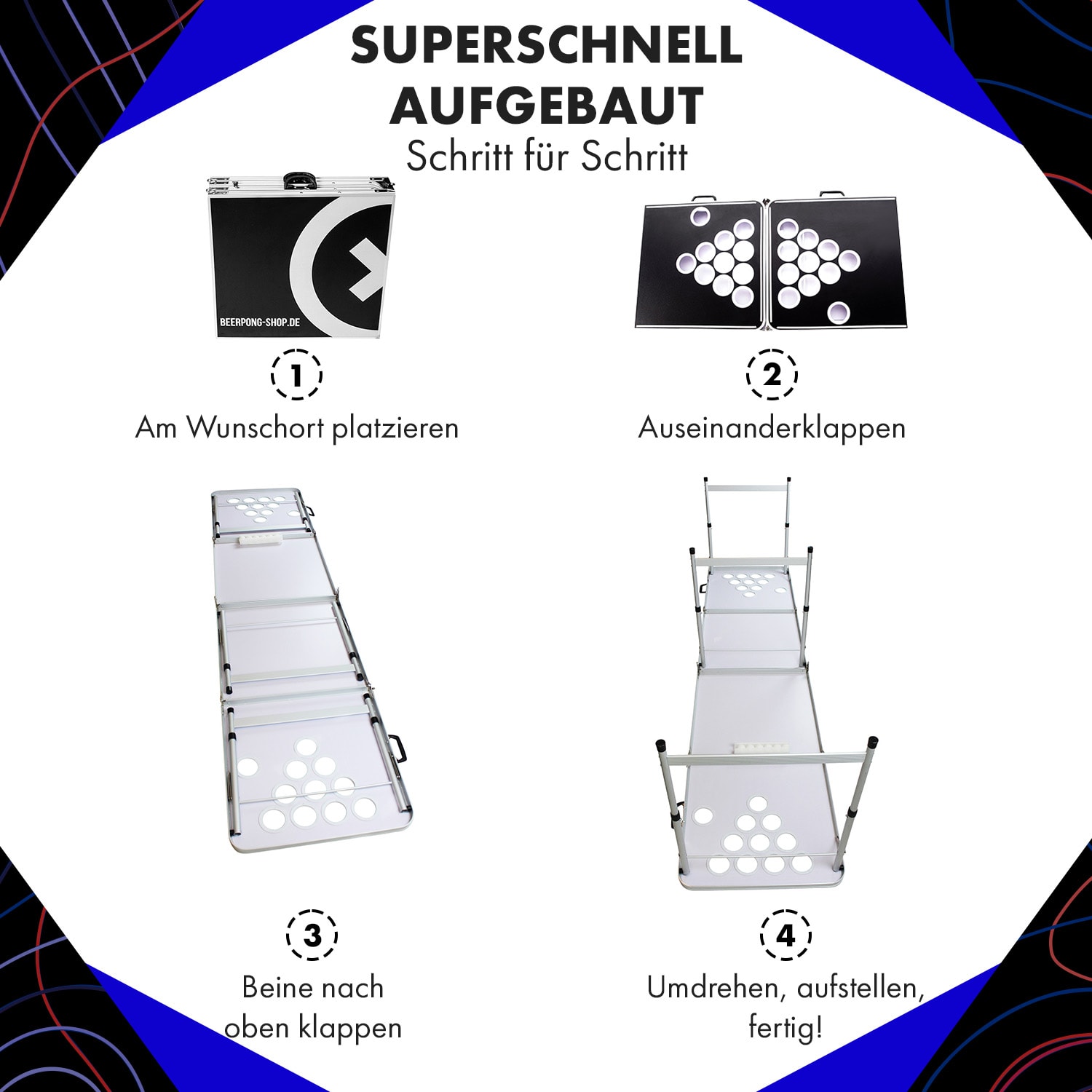 Baseliner Beer Pong Tisch Set Audio LED Tragegriffe Ballhalter 6 Bälle 