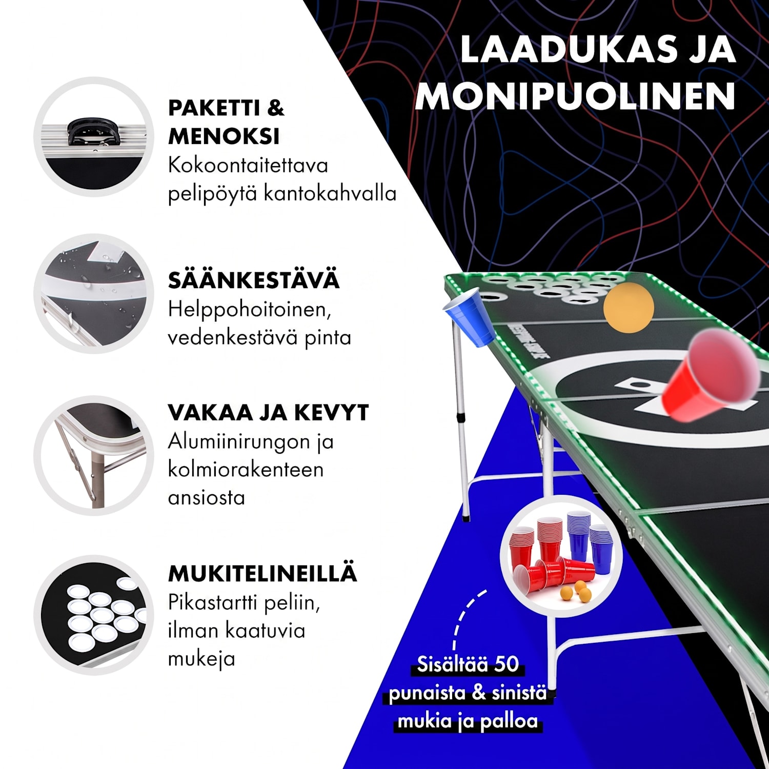 Backspin Beer Pong -pöytäsetti Audio LED-valaistuksella kantokahvat palloteline 6 palloa 