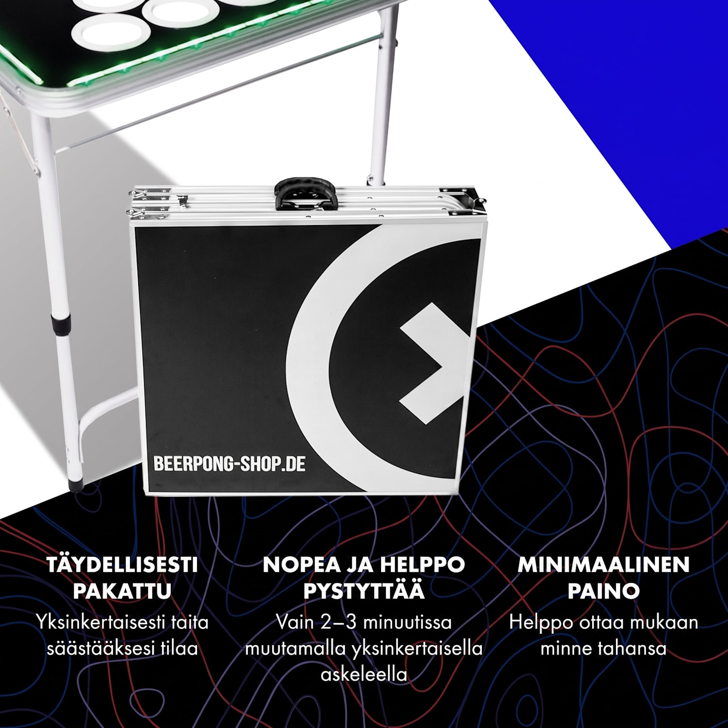 Backspin Beer Pong -pöytäsetti Audio LED-valaistuksella kantokahvat palloteline 6 palloa 