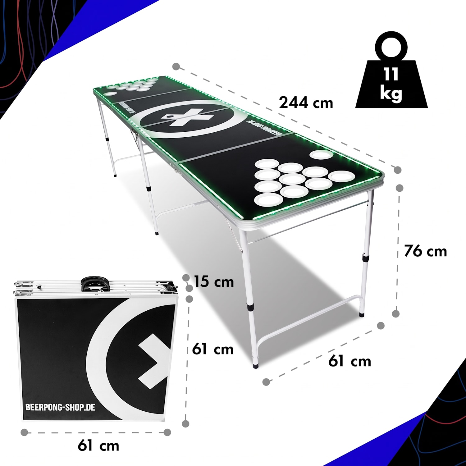 Backspin Beer Pong -pöytäsetti Audio LED-valaistuksella kantokahvat palloteline 6 palloa 