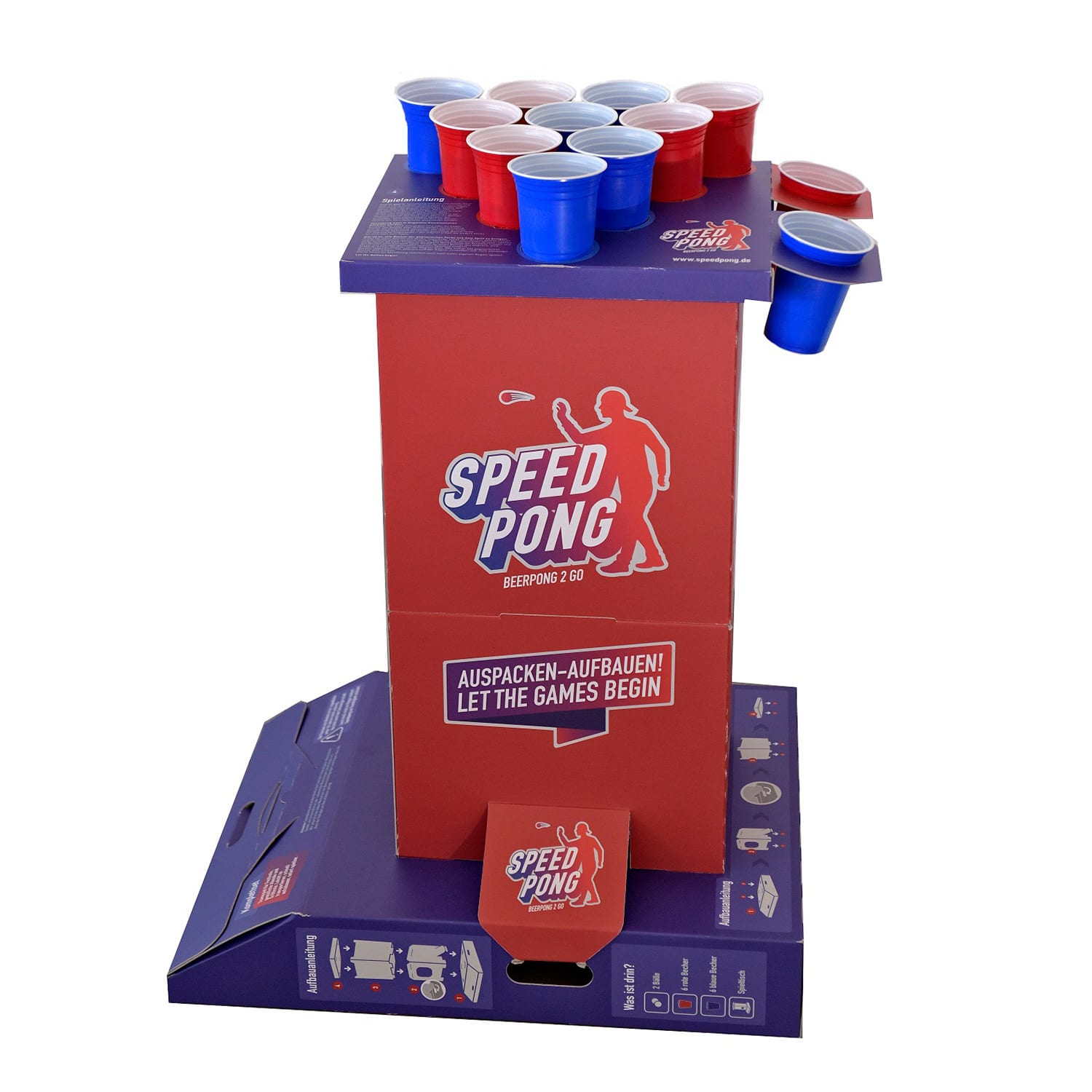 Bounce Speedpong -pelitolppa kompakti pahvi 6 sinistä ja punaista kuppia sis. 2 palloa 