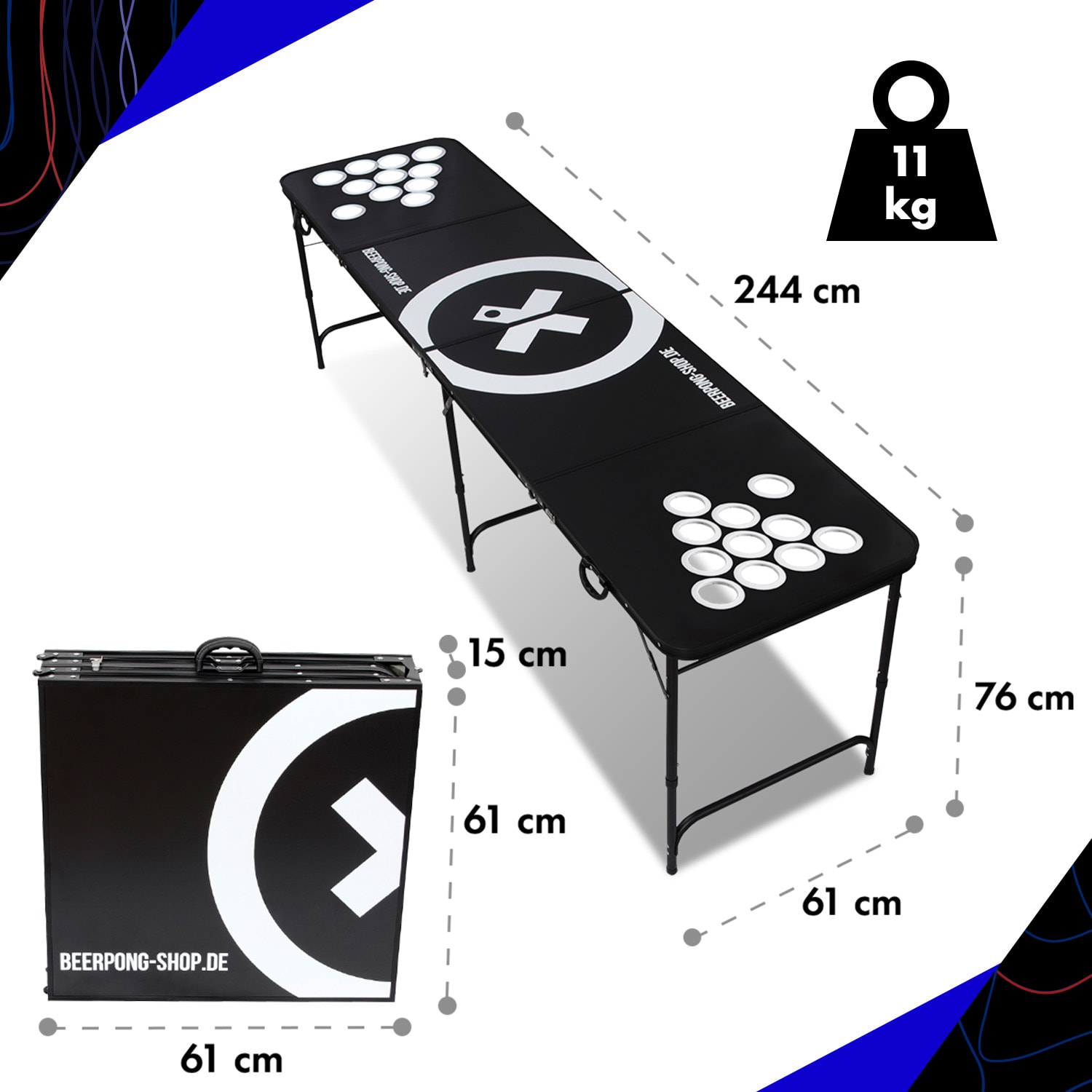 Baseliner Beer Pong Tisch Set Audio Cup Hole Black Line Tragegriffe 6 Bälle 