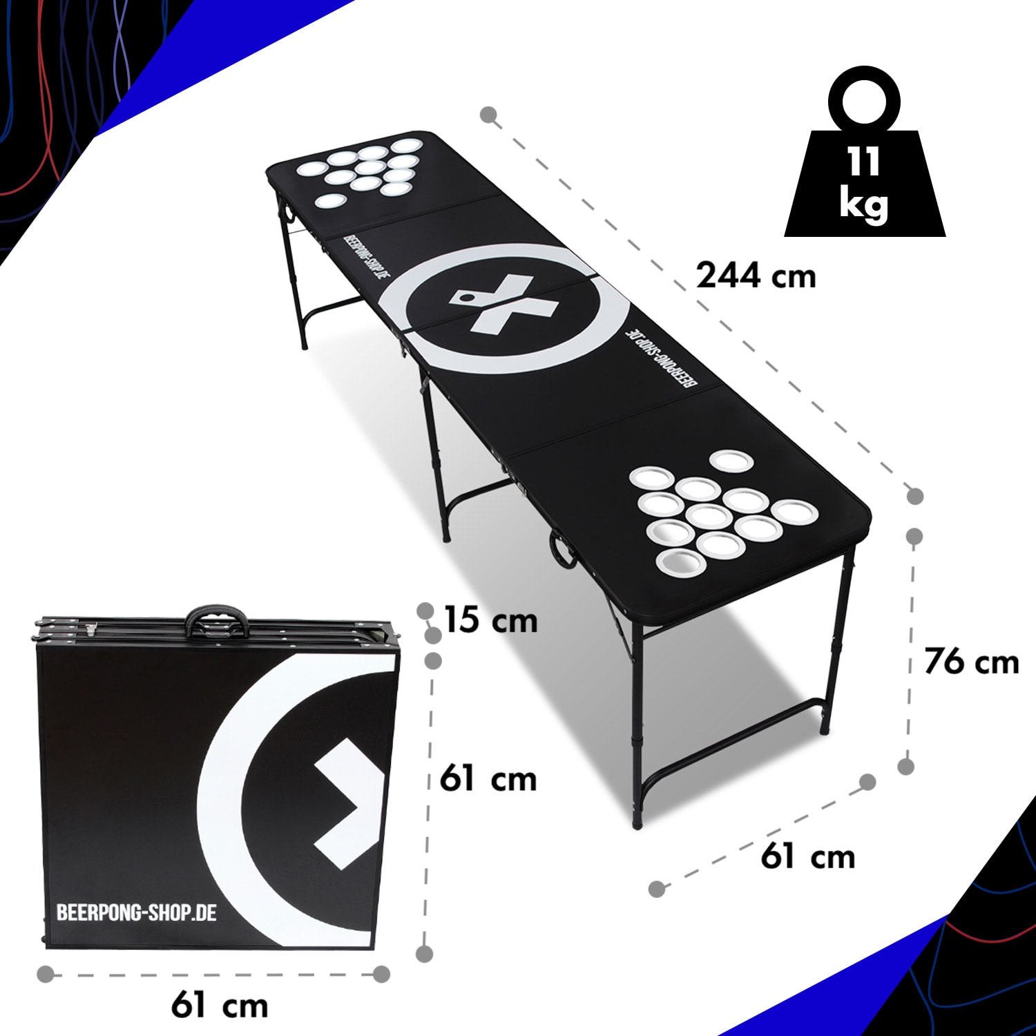 Baseliner Beer Pong tafel set audio cup hole black line handvaten 6 ballen 