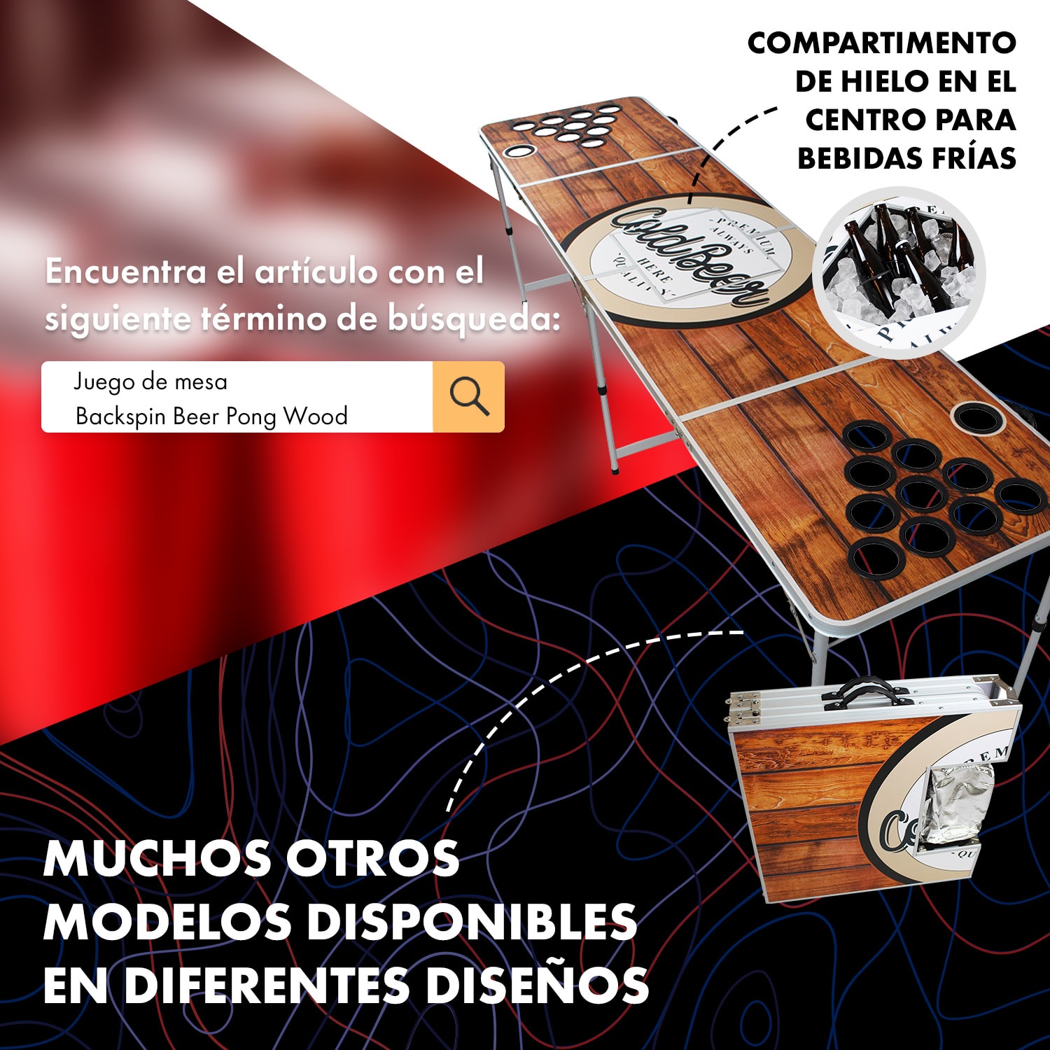 Baseliner Set de mesa de Beer Pong audio asas soporte para pelotas 6 pelotas 