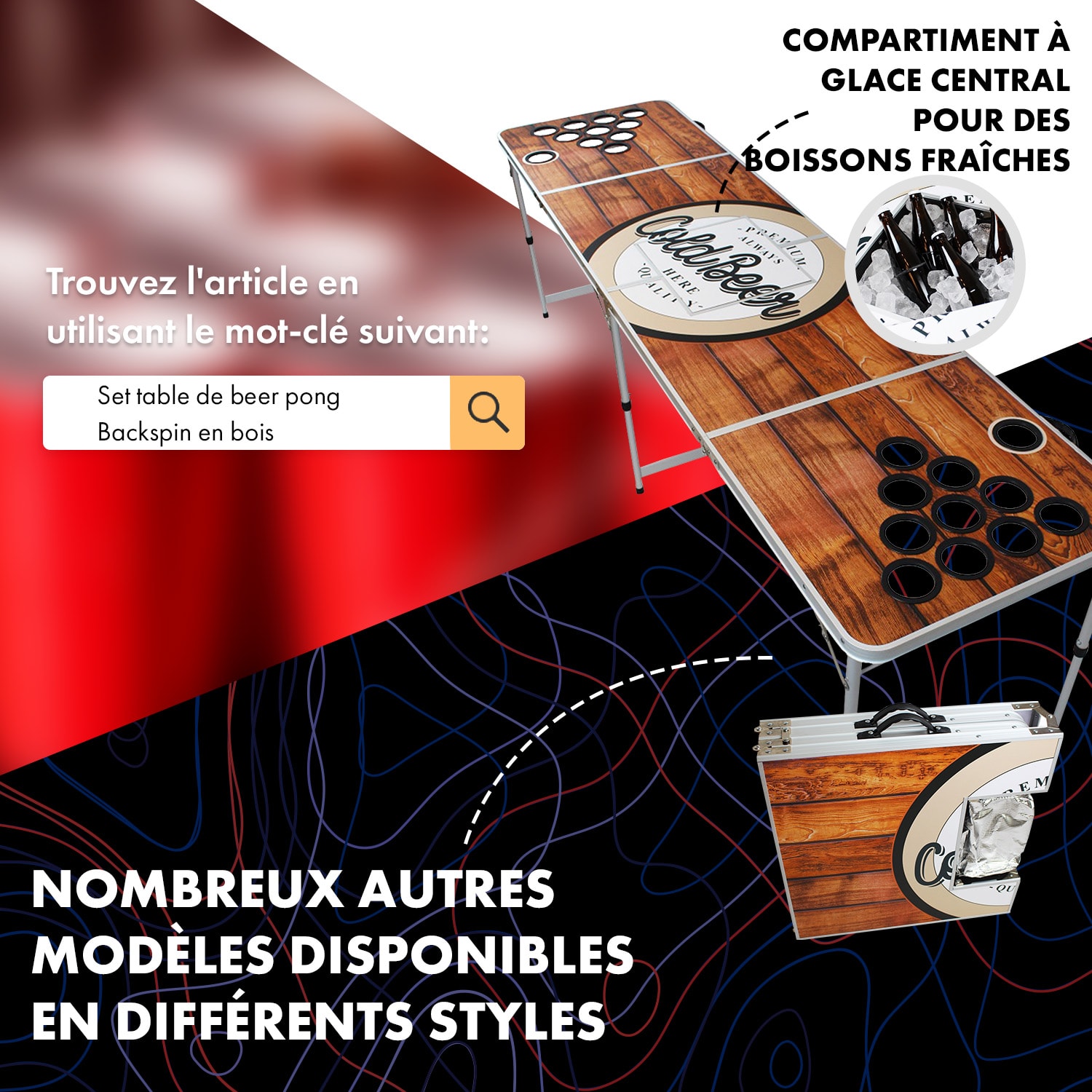 Baseliner table de Beer Pong Table Set Audio Poignées de transport Porte-balles 6 balles 