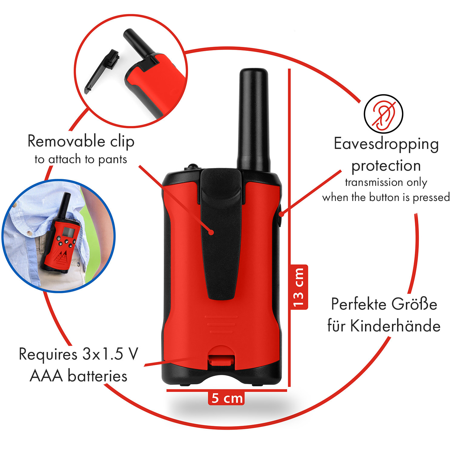 Kingen, krótkofalówki, walkie-talkie, zestaw 8-częściowy, kompas + odznaki agenta Czerwony