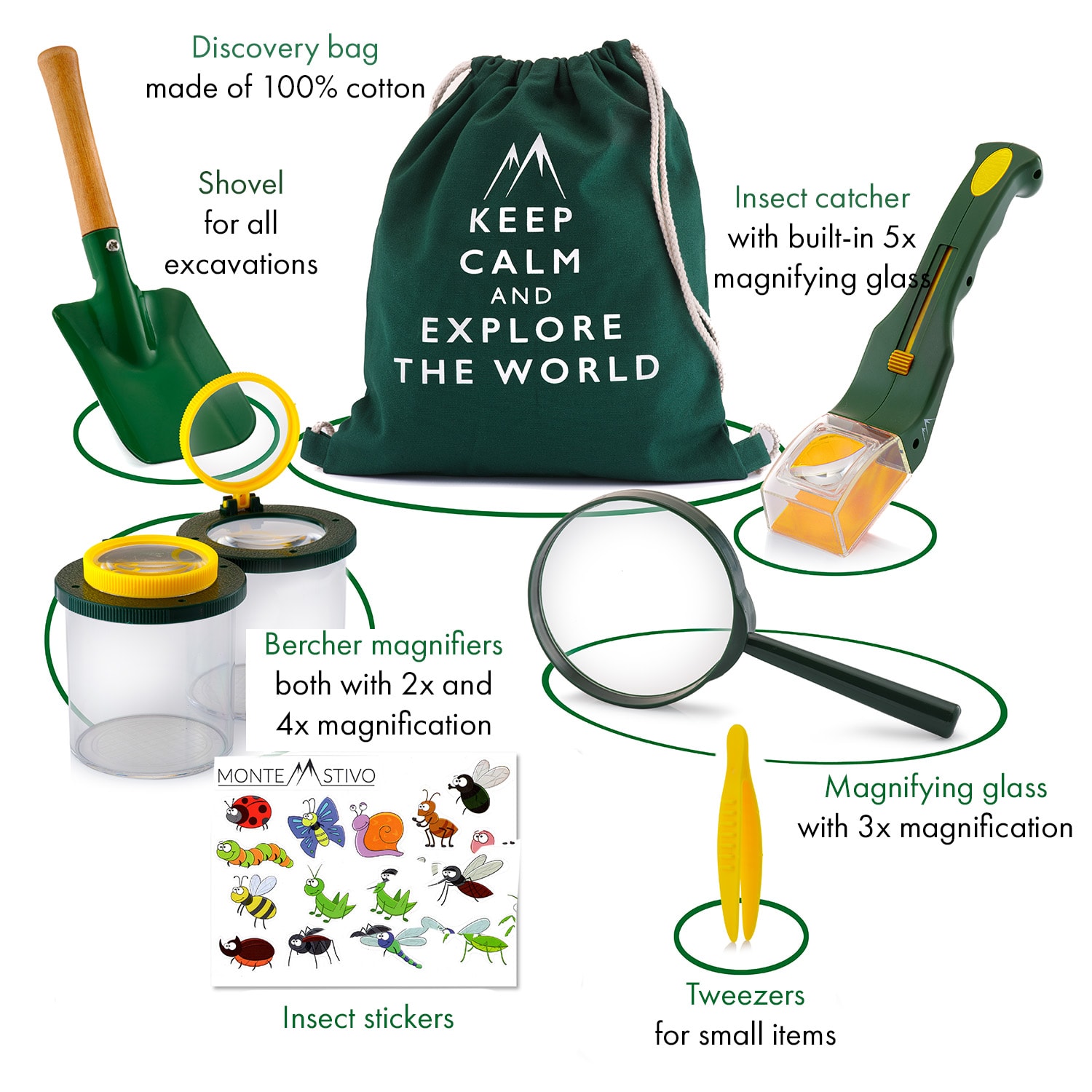 Bandak, zestaw odkrywcy, łapacz owadów, 2 pojemniki, lupa, łopatka, pęseta