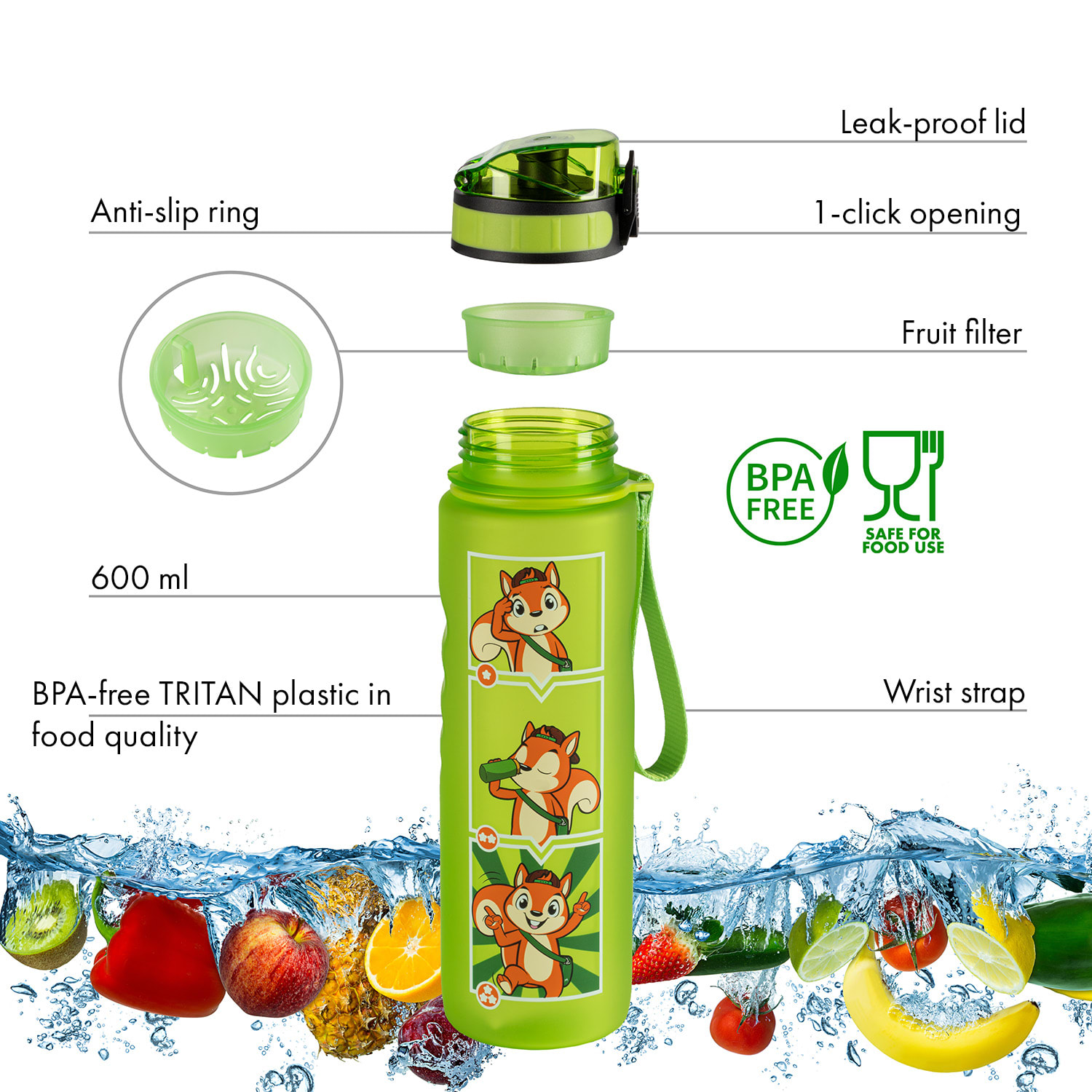 Lyseren, sticlă de băut pentru copii, 600 ml, gradată, filtru impermeabil pentru fructe Verde lămâie