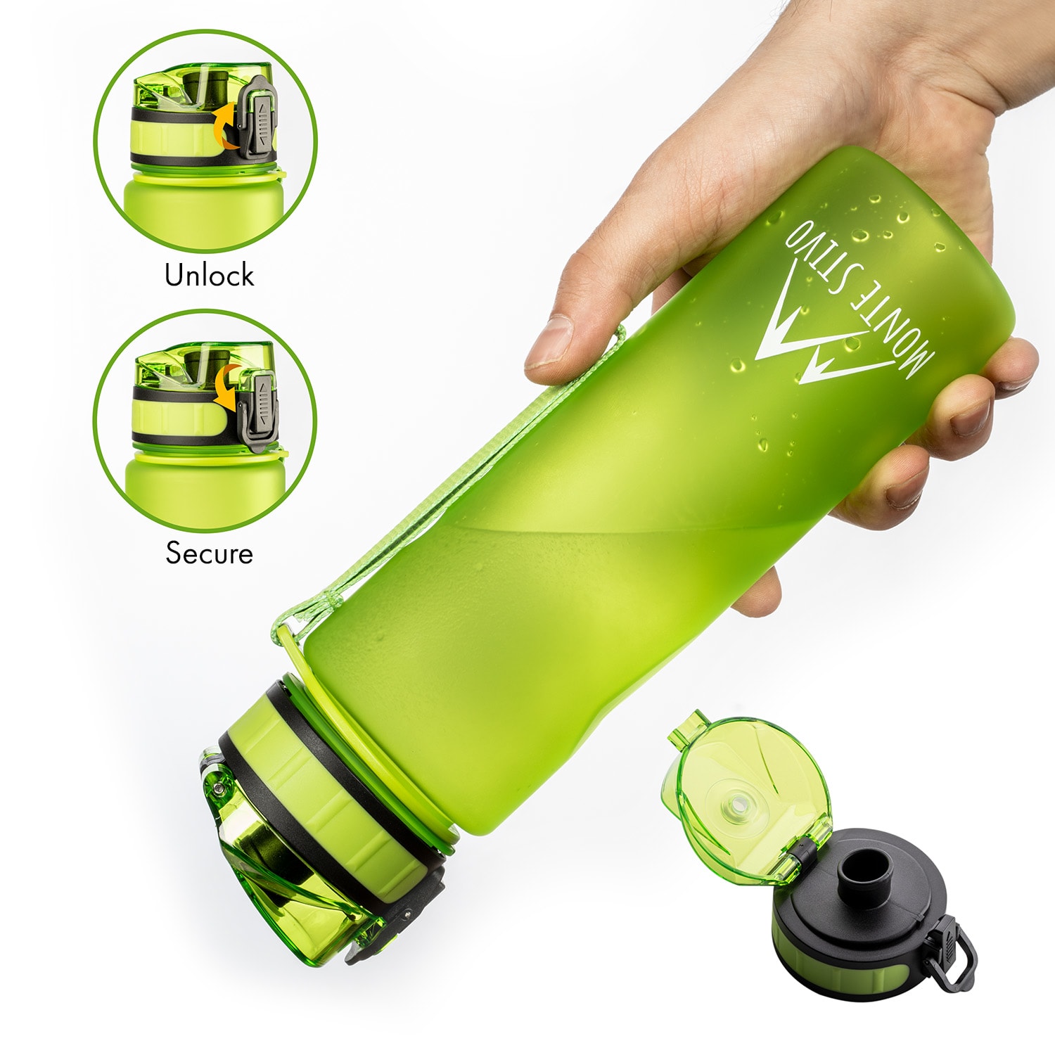 Lyseren, sticlă de băut pentru copii, 600 ml, gradată, filtru impermeabil pentru fructe Verde lămâie