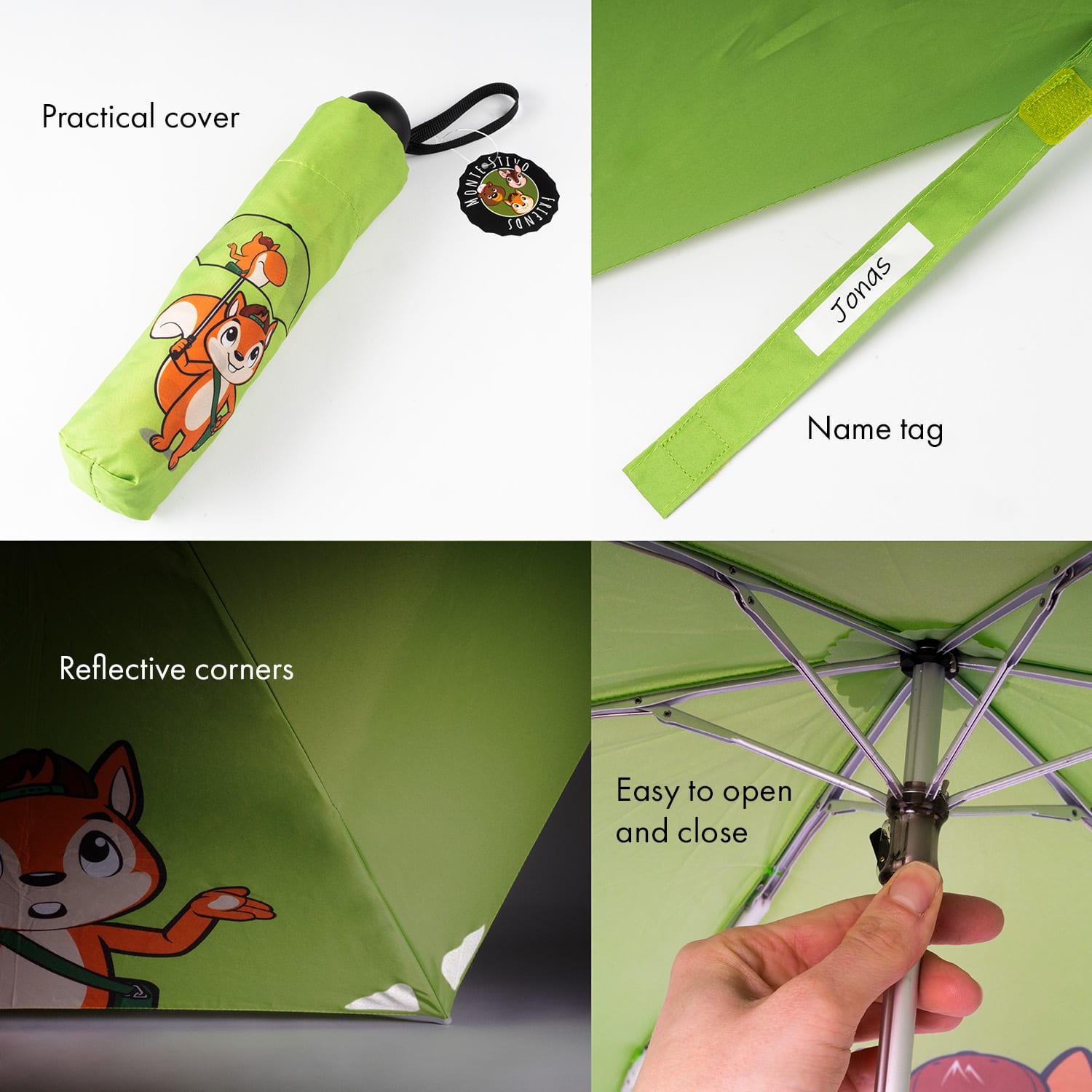 Votna Paraguas infantil de 90 cm de diámetro con reflectores plegable Verde Lima