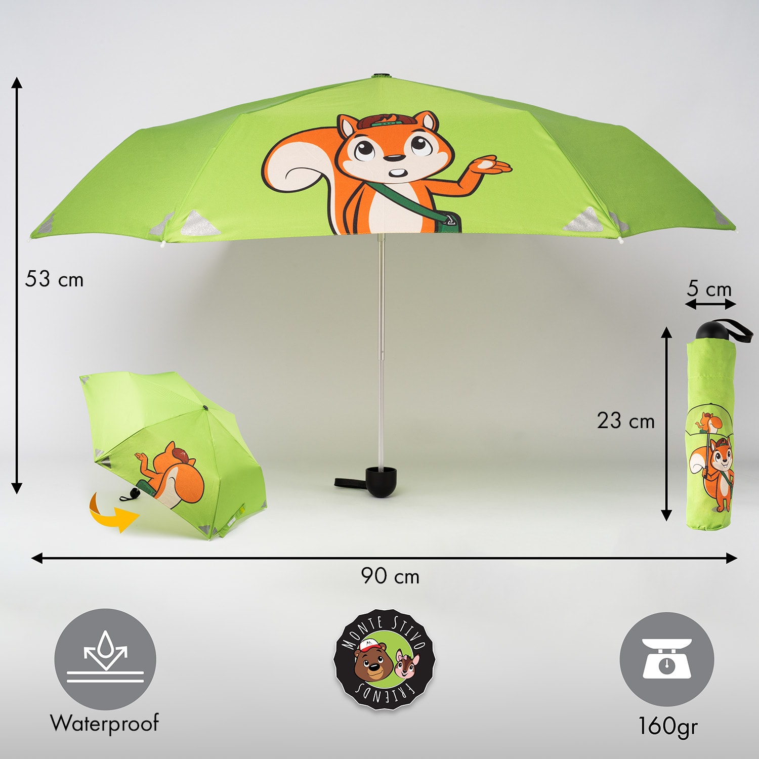 Votna Paraguas infantil de 90 cm de diámetro con reflectores plegable Verde Lima