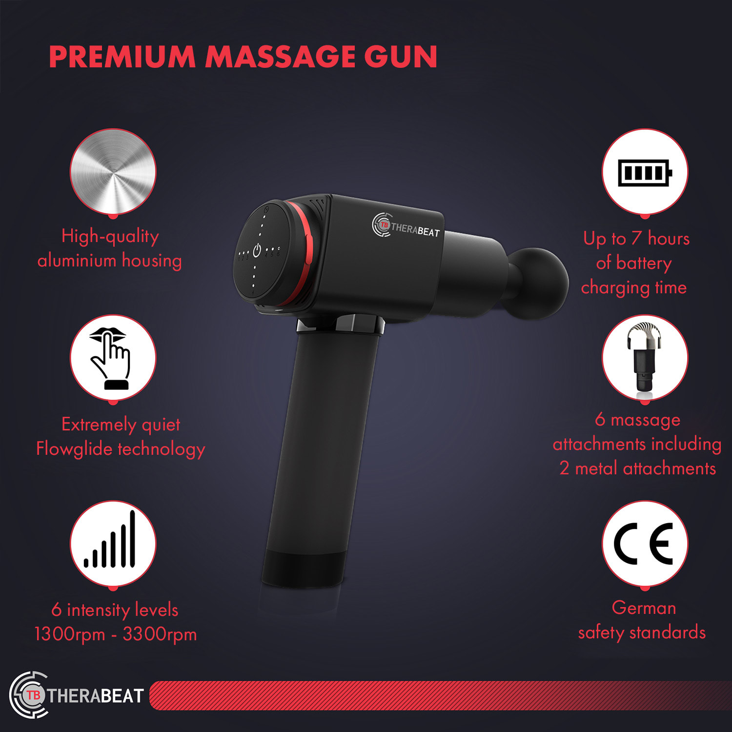 Масажен пистолет Tofta Неопренова дръжка 1300 - 3300 об/мин 6 нива 6 приставки 