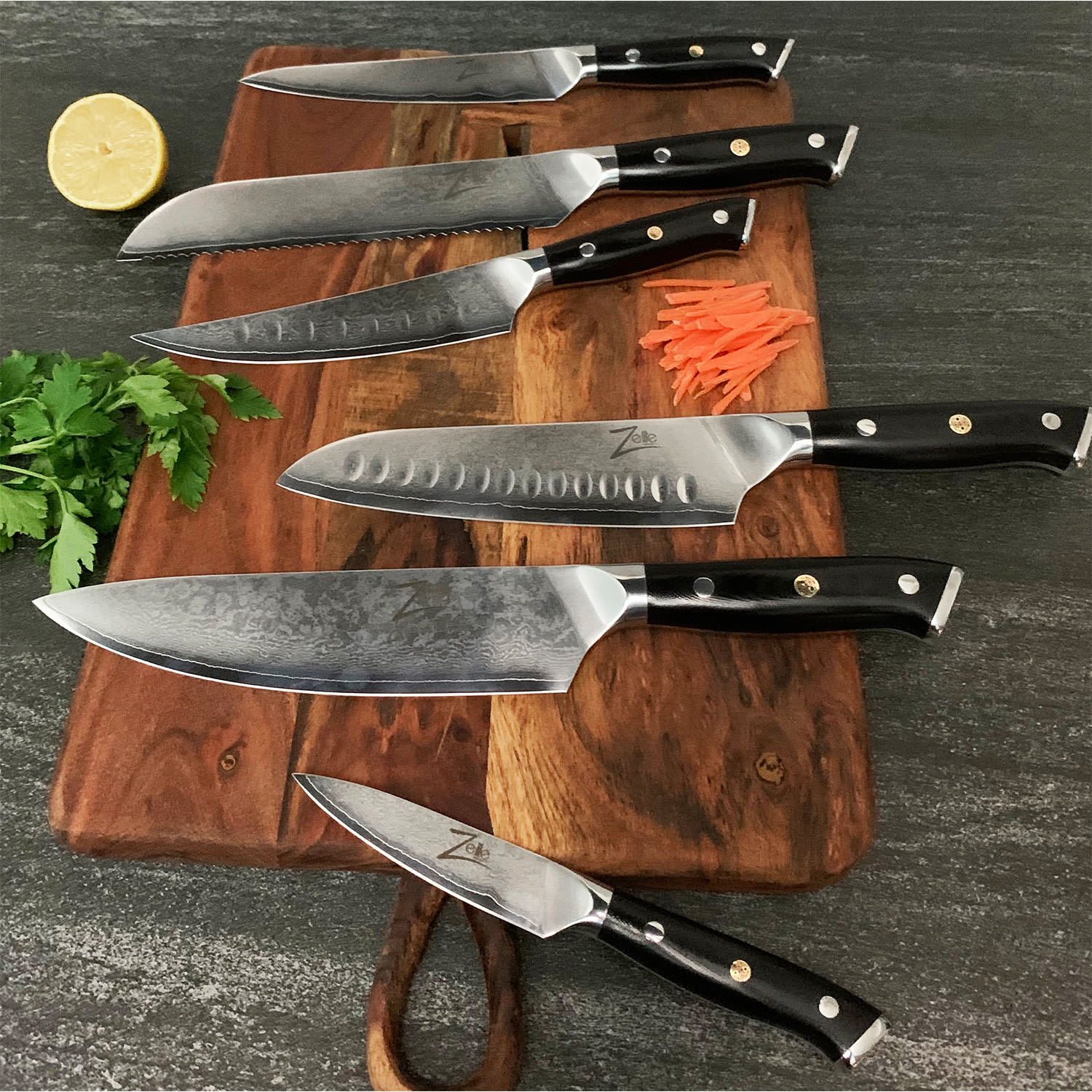 Alpha-Royal Japanese, zestaw noży z blokiem magnetycznym, 6 noży, stal damasceńska Knife block set