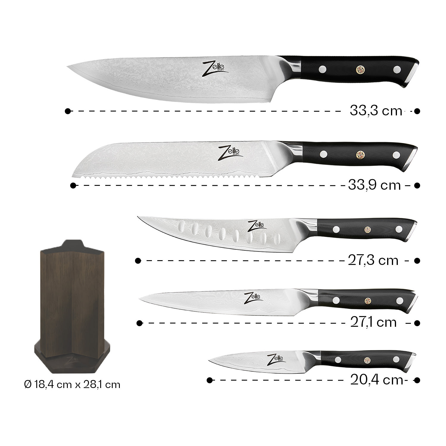 Alpha-Royal Japanese, zestaw noży z blokiem magnetycznym, 6 noży, stal damasceńska Knife block set