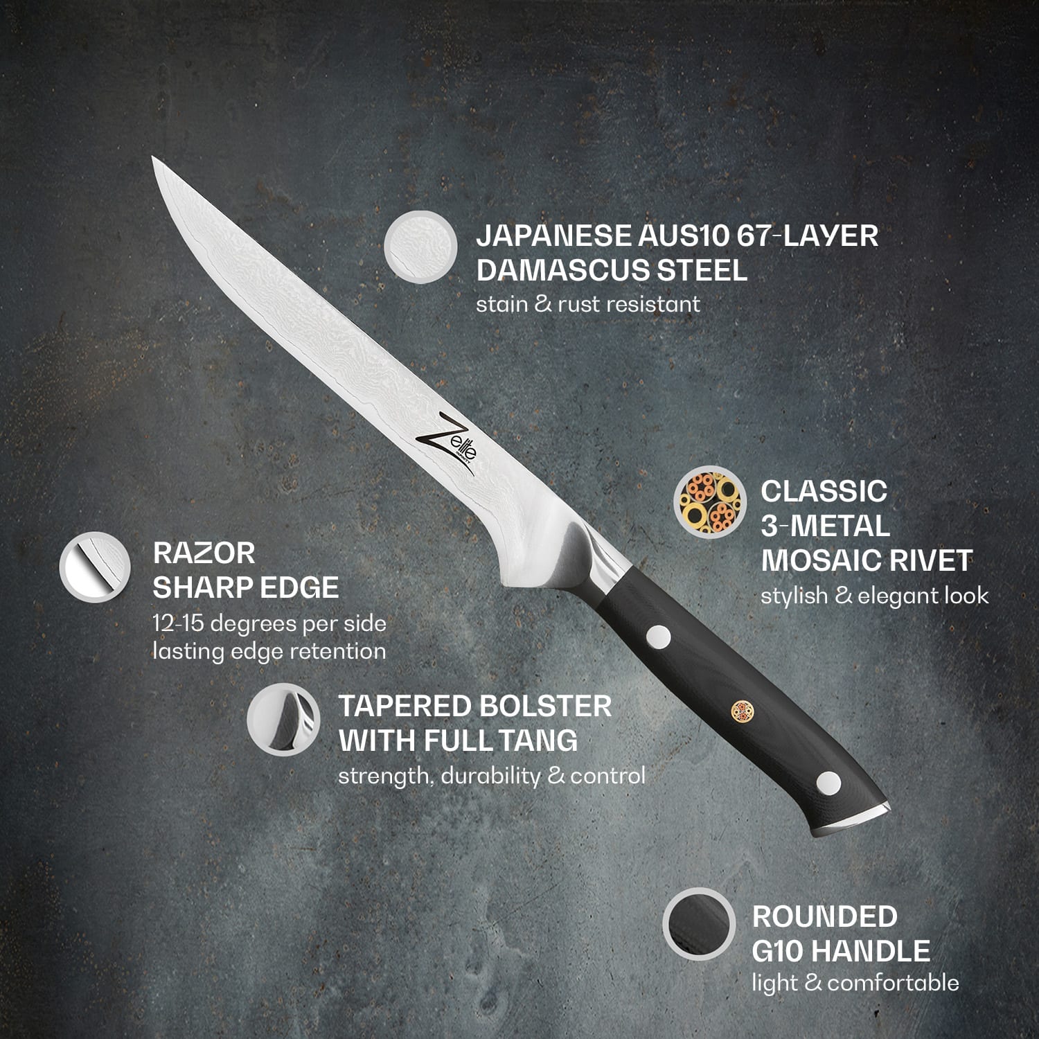 Alpha-Royal Japanese, nóż do trybowania, 6", stal damasceńska Boning knife