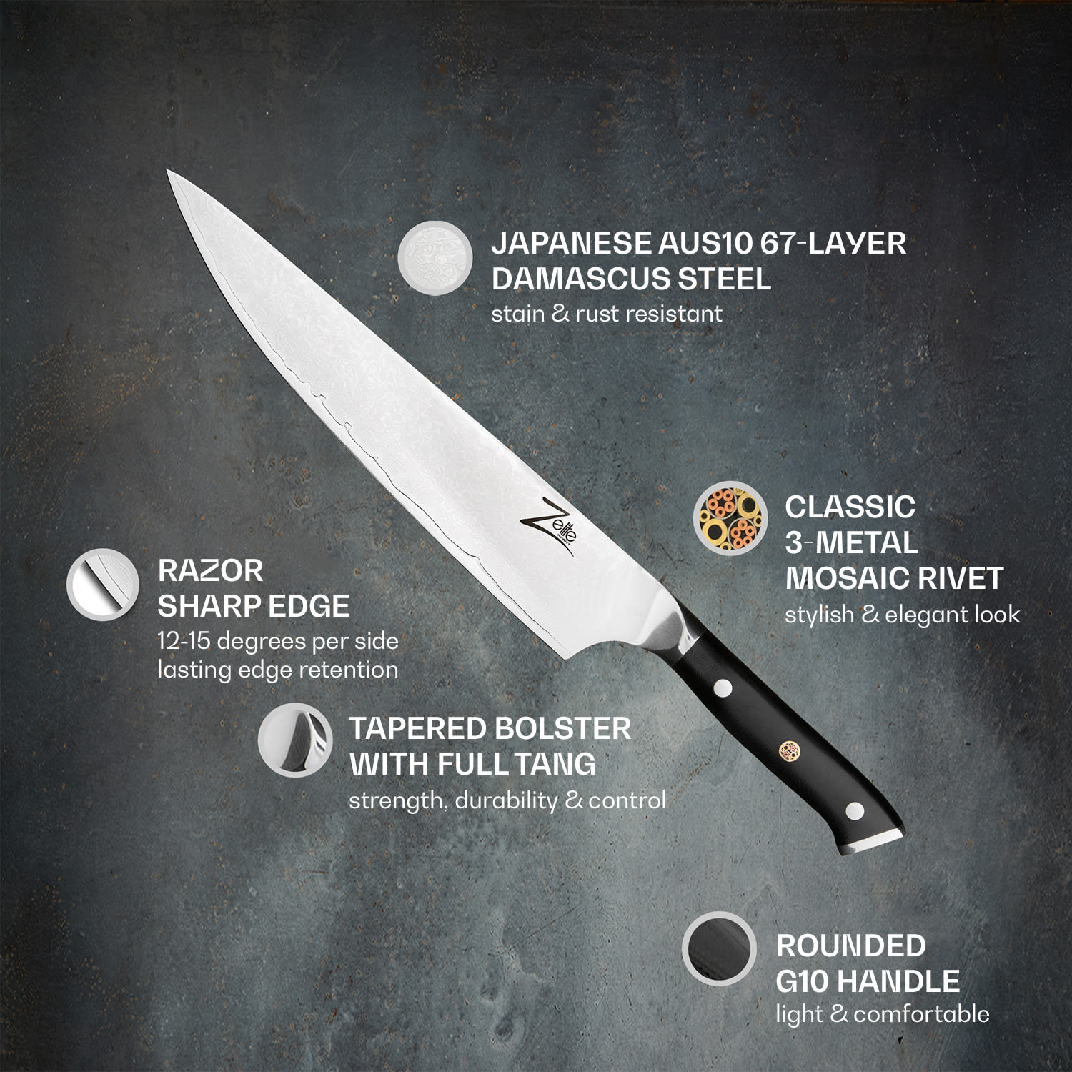 Seria japoneză Alpha-Royal, cuțitul bucătarului șef 10”, oțel damasc 10" Cuțitul bucătarului