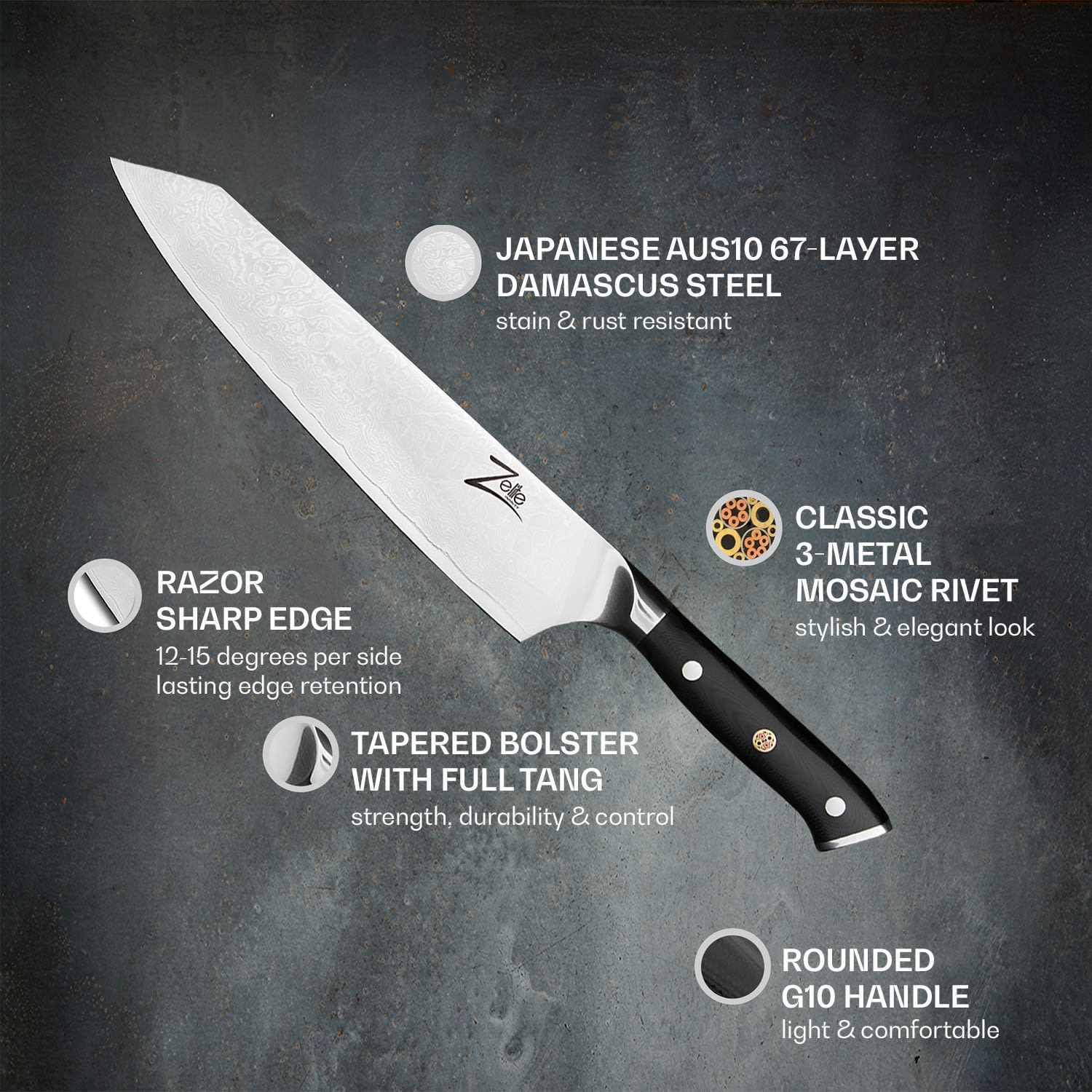 Alpha-Royal Japanese Series, 9" kiritsuke kés, damaszkuszi acél Critical knife
