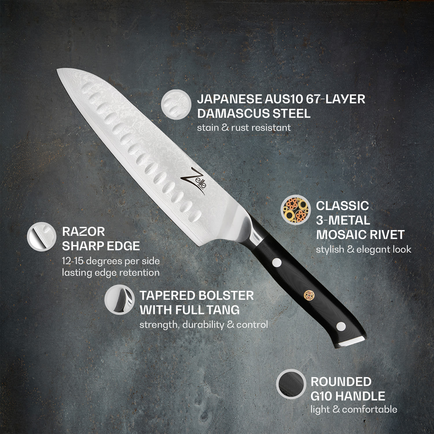 Alpha-Royal Japanese Series, 7" santoku kés, damaszkuszi acél Santoku knife