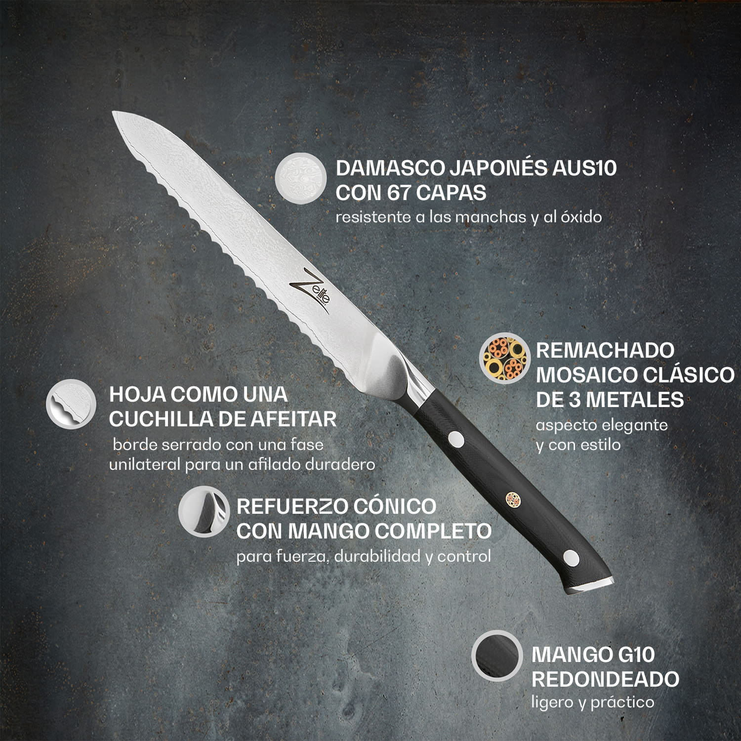 Cuchillo multiusos de 5,5" serie japonesa Alpha-Royal de acero de Damasco con borde dentado Serrated knife